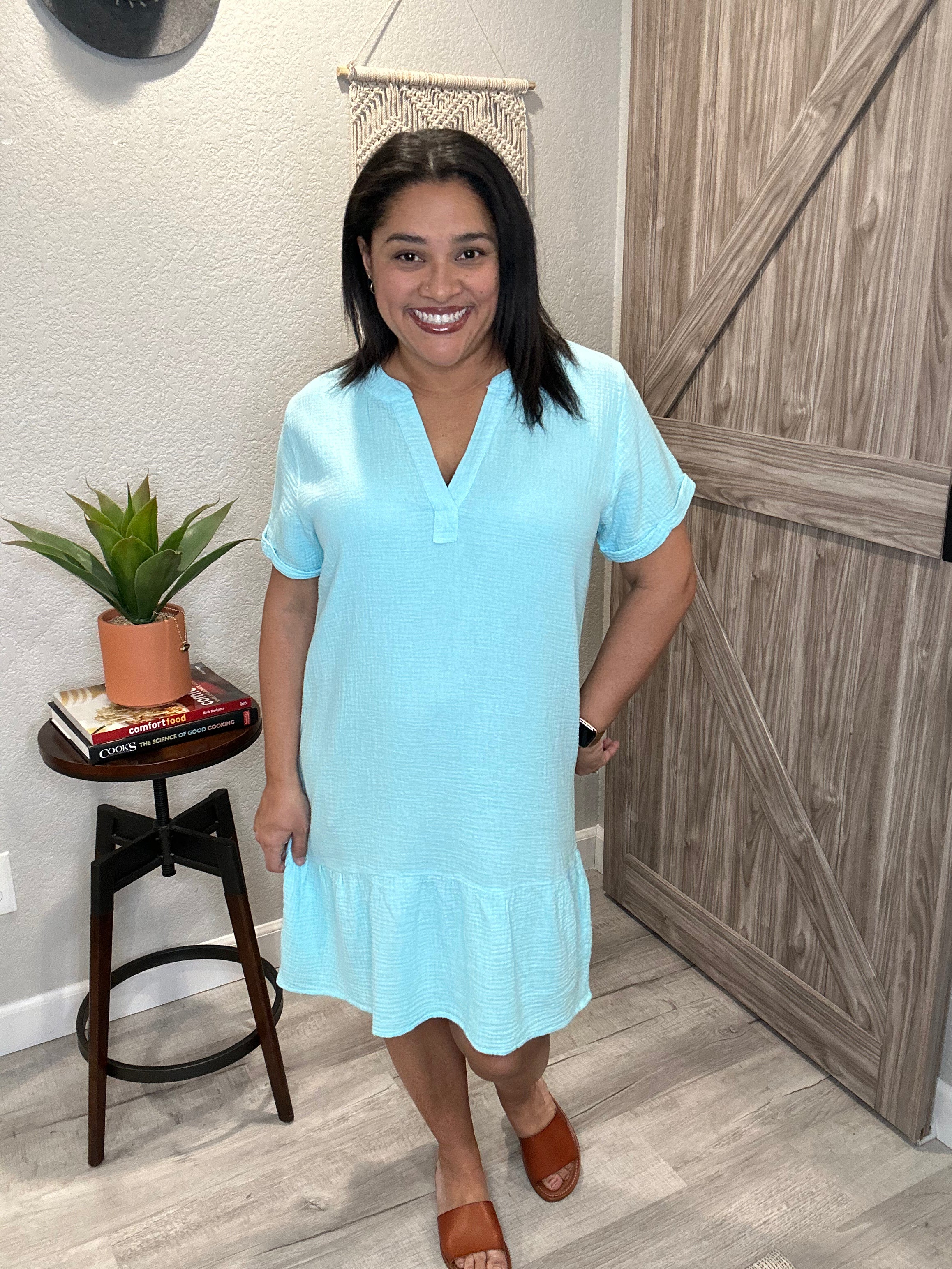 Bobi Split Neck Ruffle Hem Dress