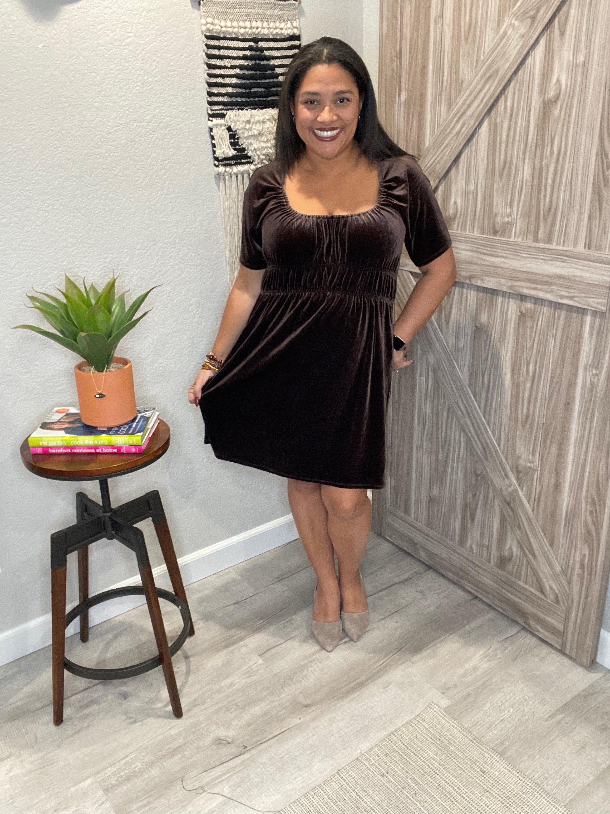 Saltwater Luxe Chocolate Brown Stretch Above the Knee Velour Dress