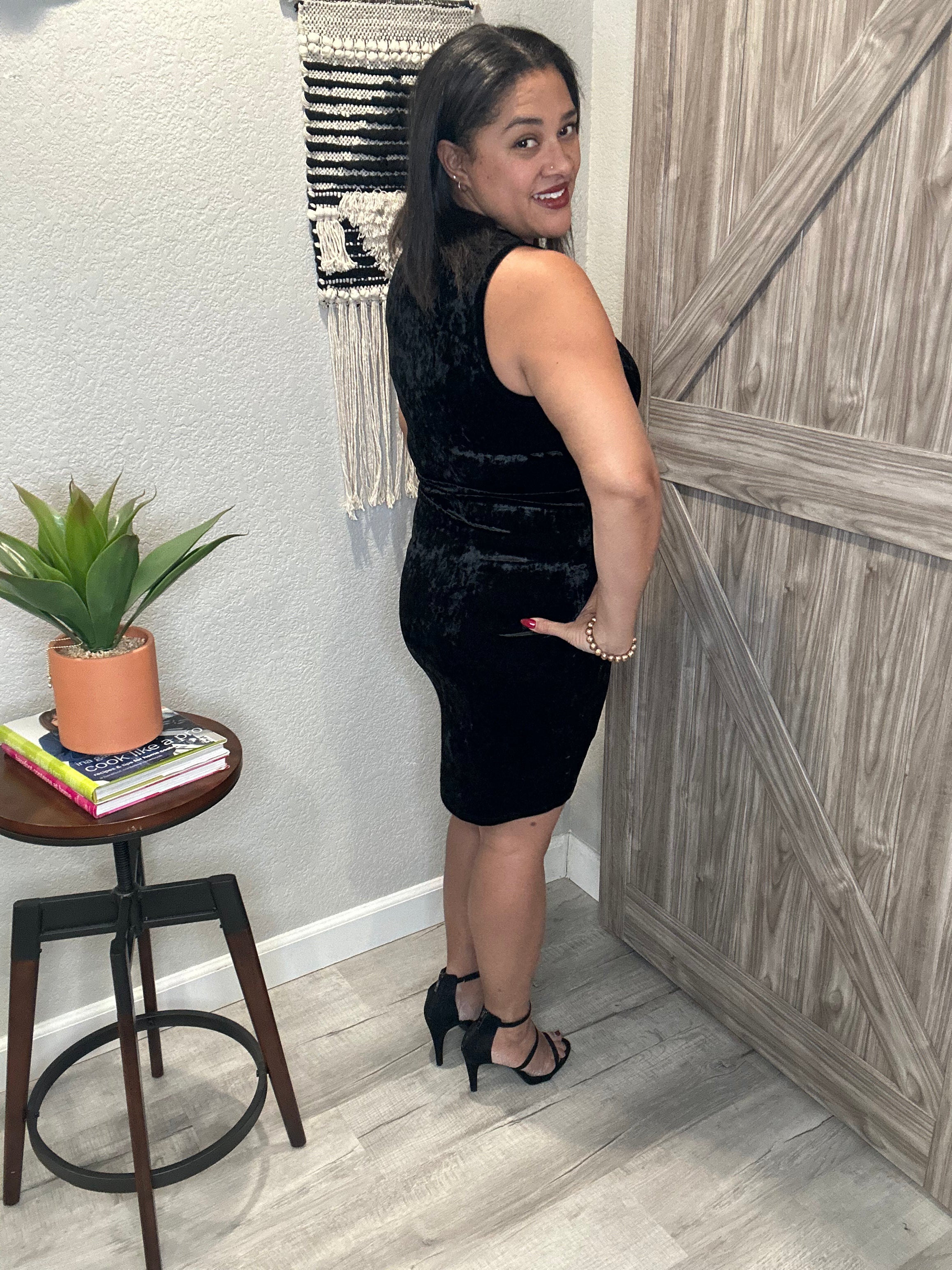 Holiday Black Crushed Velvet Faux Wrap Dress