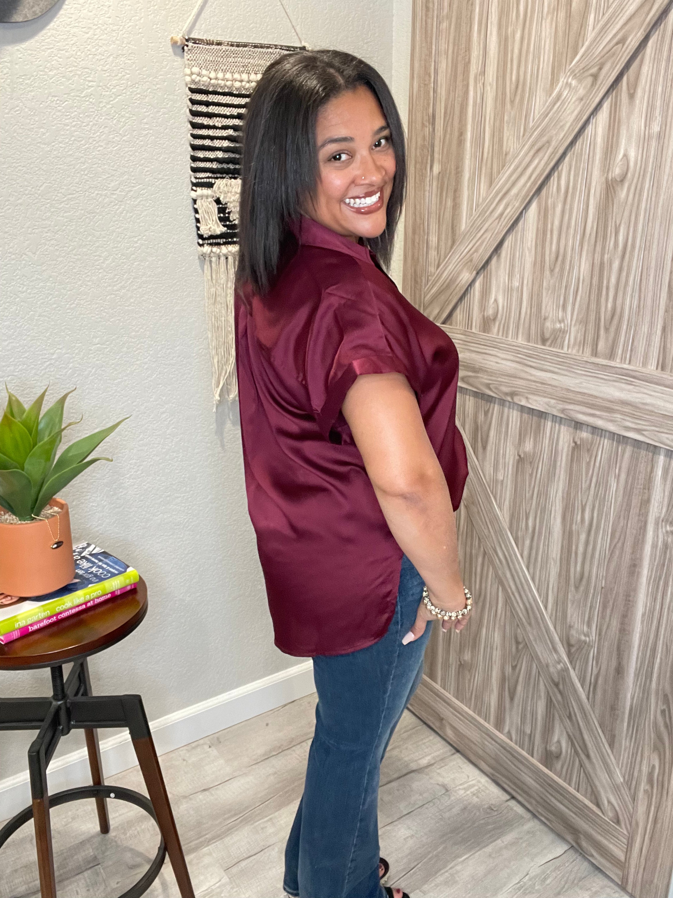 Burgundy Satin Short Sleeve Button Down Top