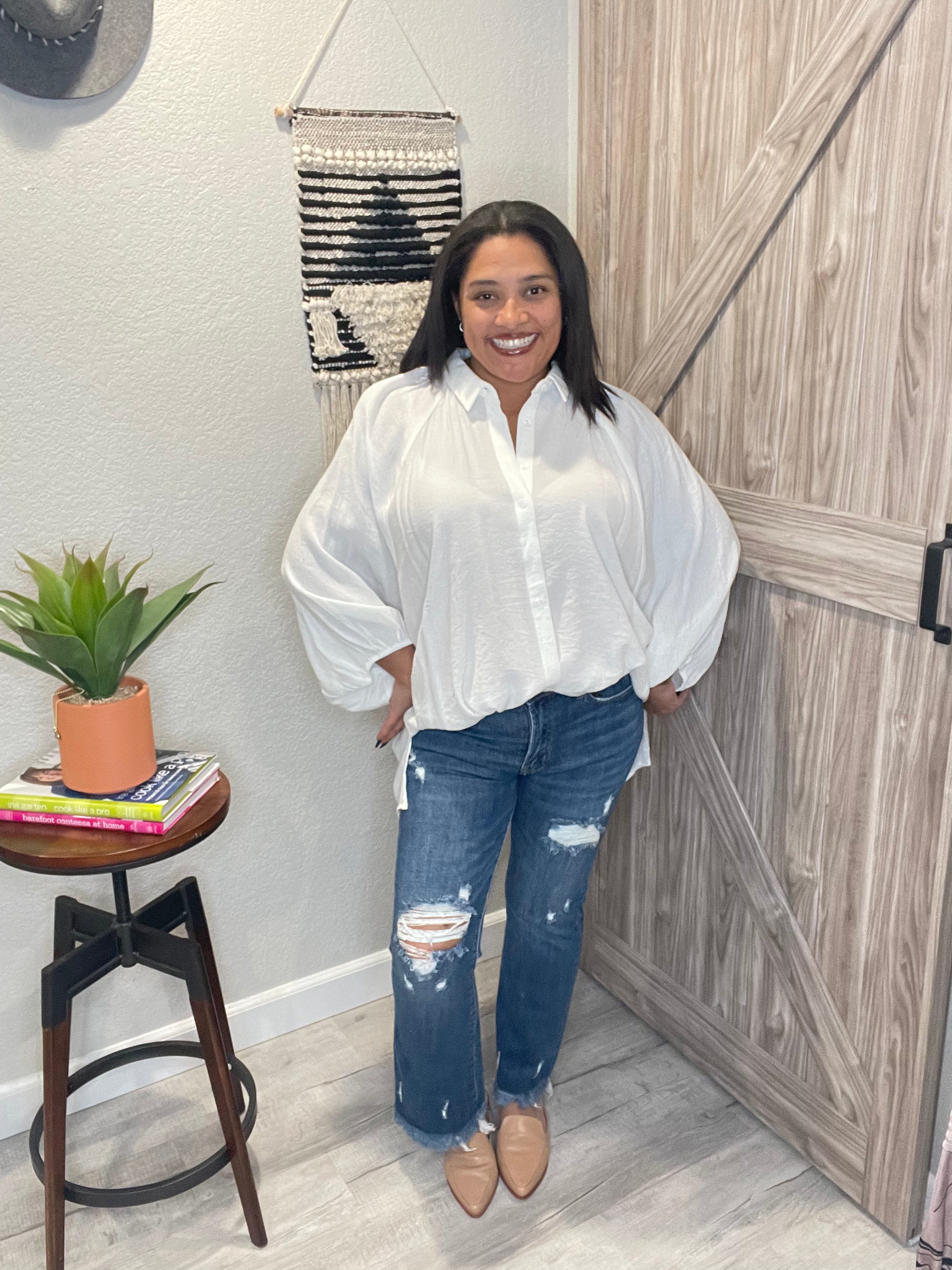 Ivory Oversized Dolman Sleeve Button Down Blouse