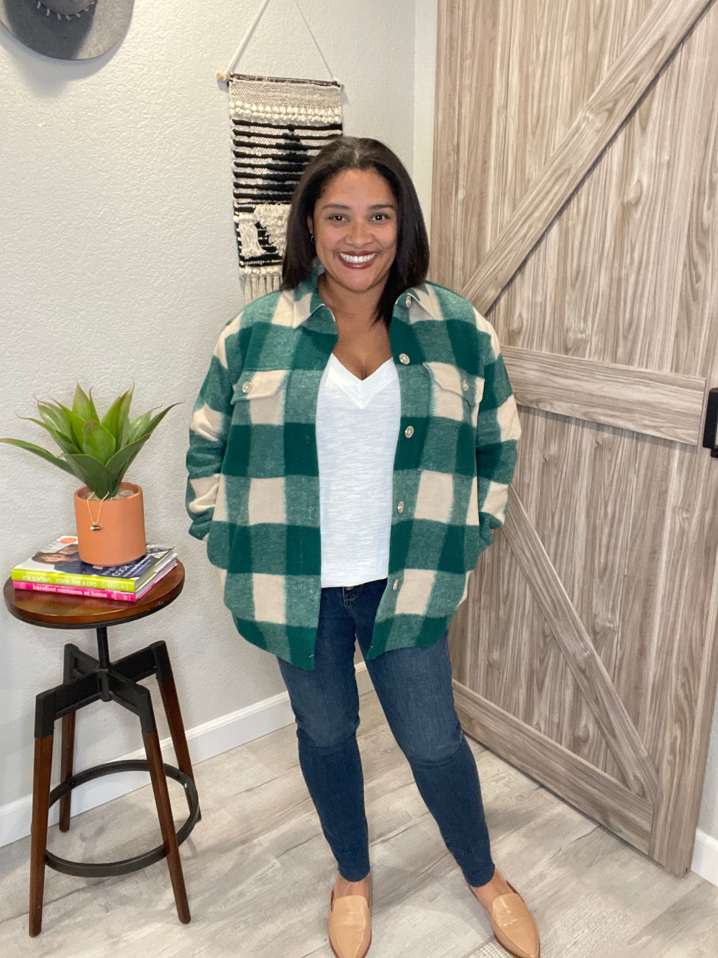 Size Large & XL Saltwater Luxe Forest Plaid Button Up Oversized Shacket