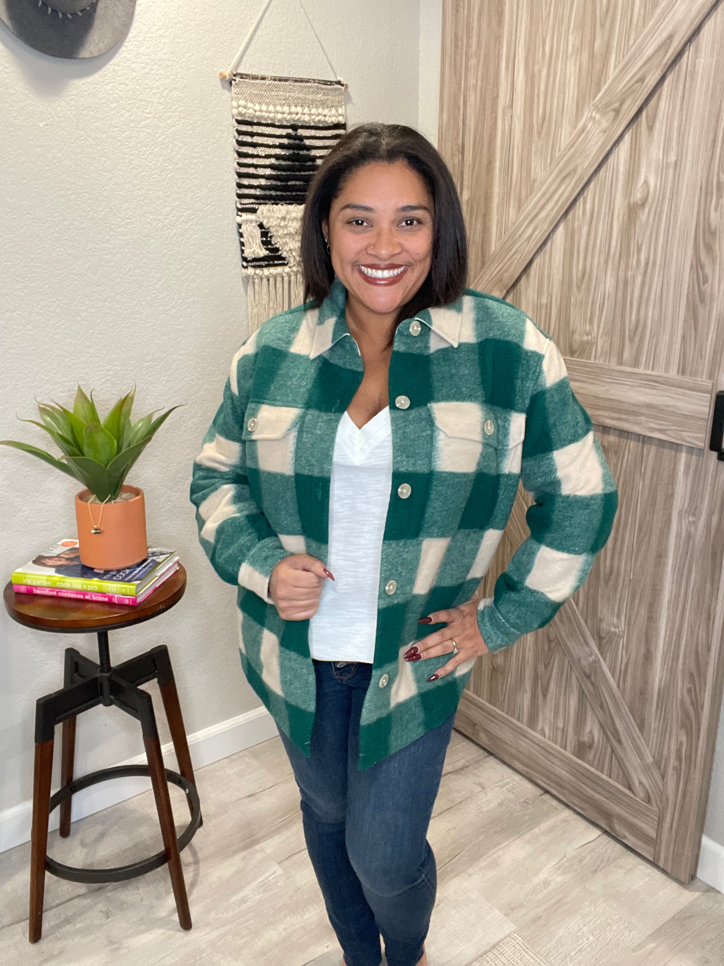 Size Large & XL Saltwater Luxe Forest Plaid Button Up Oversized Shacket