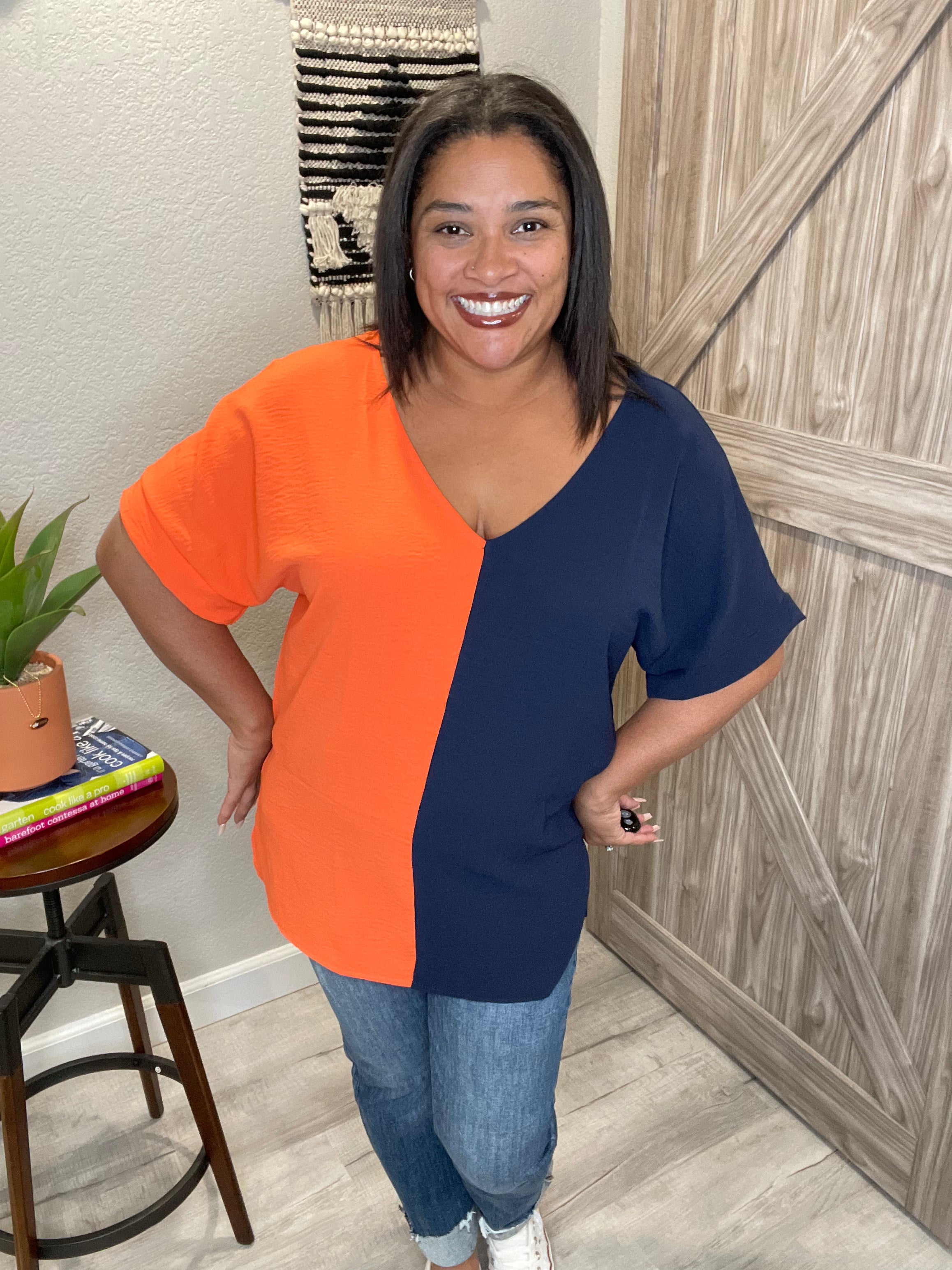 Size Small & 2XL Navy & Orange Color Block V Neck Top