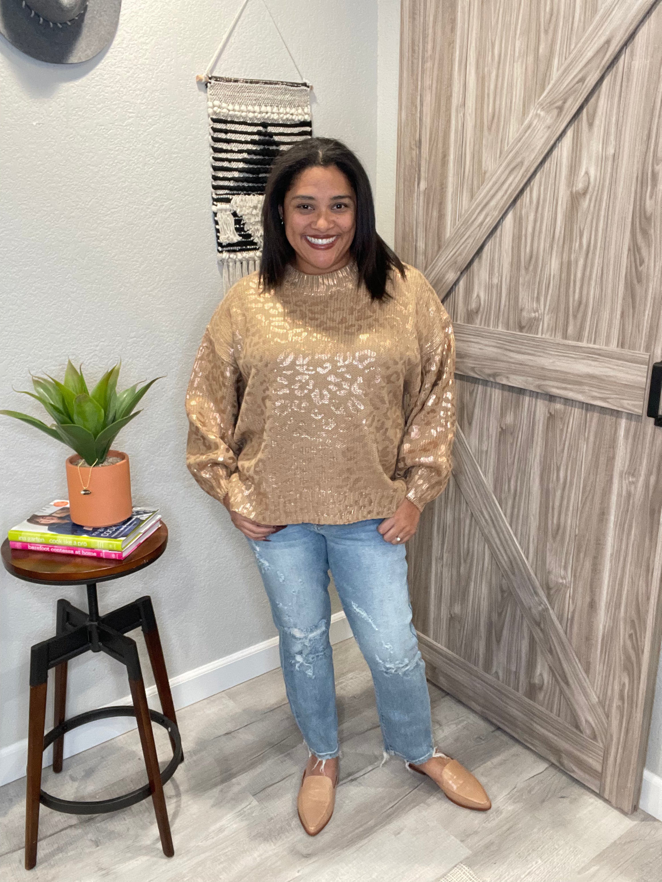 Metallic Rose Gold Taupe Leopard Print Balloon Sleeve Sweater