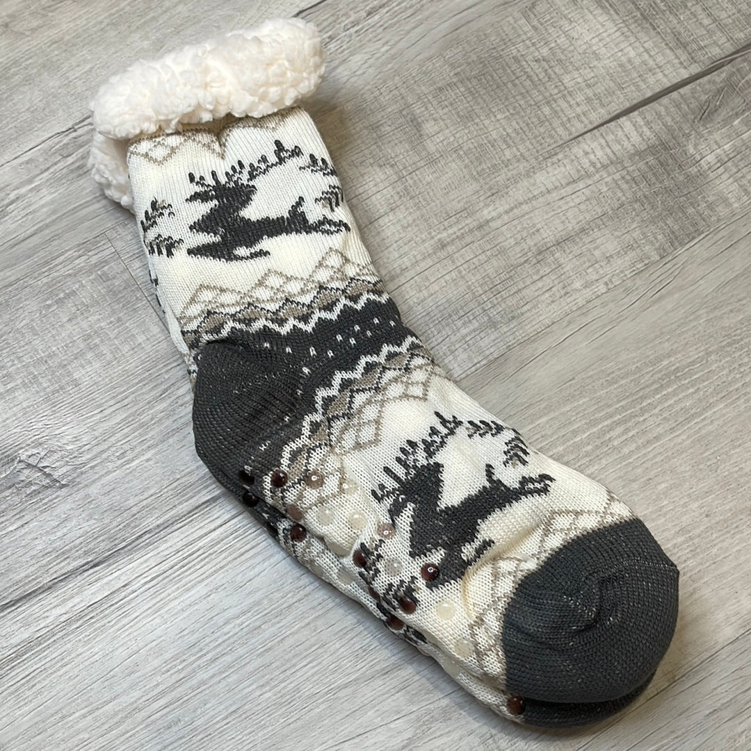 Reindeer Fair Isle Fuzzy Slipper Socks