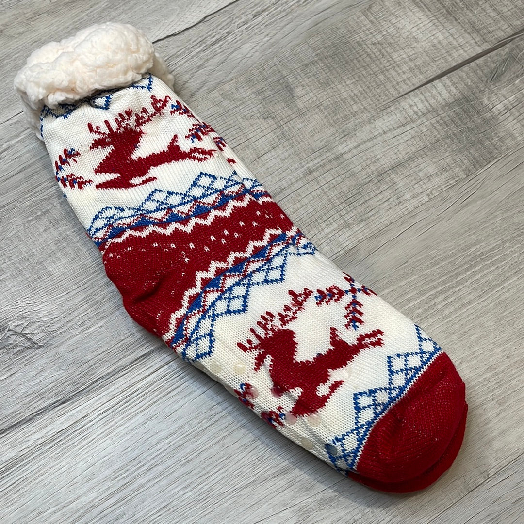 Reindeer Fair Isle Fuzzy Slipper Socks