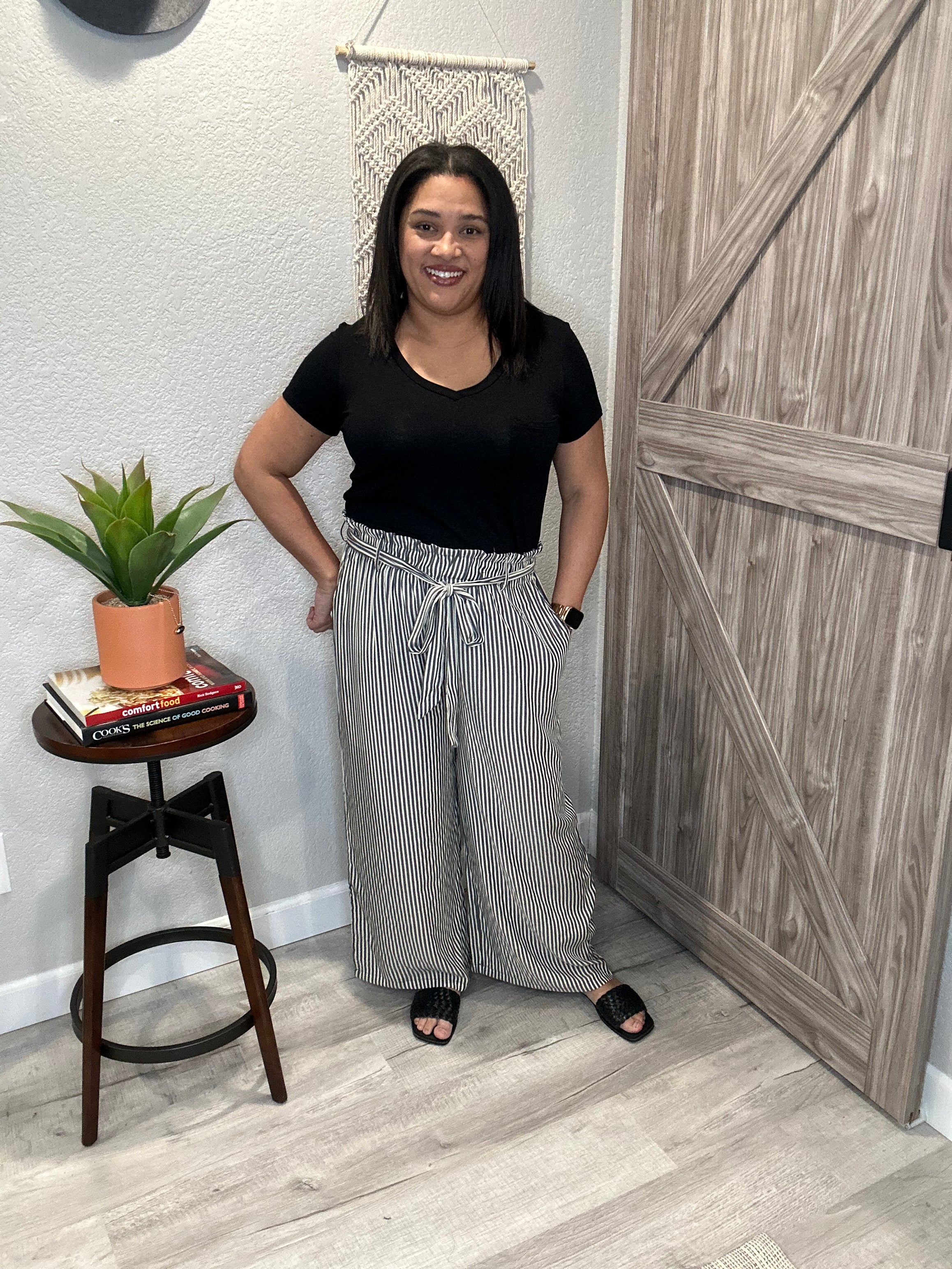 Wide Leg Hi Rise Striped Lightweight Woven Pants