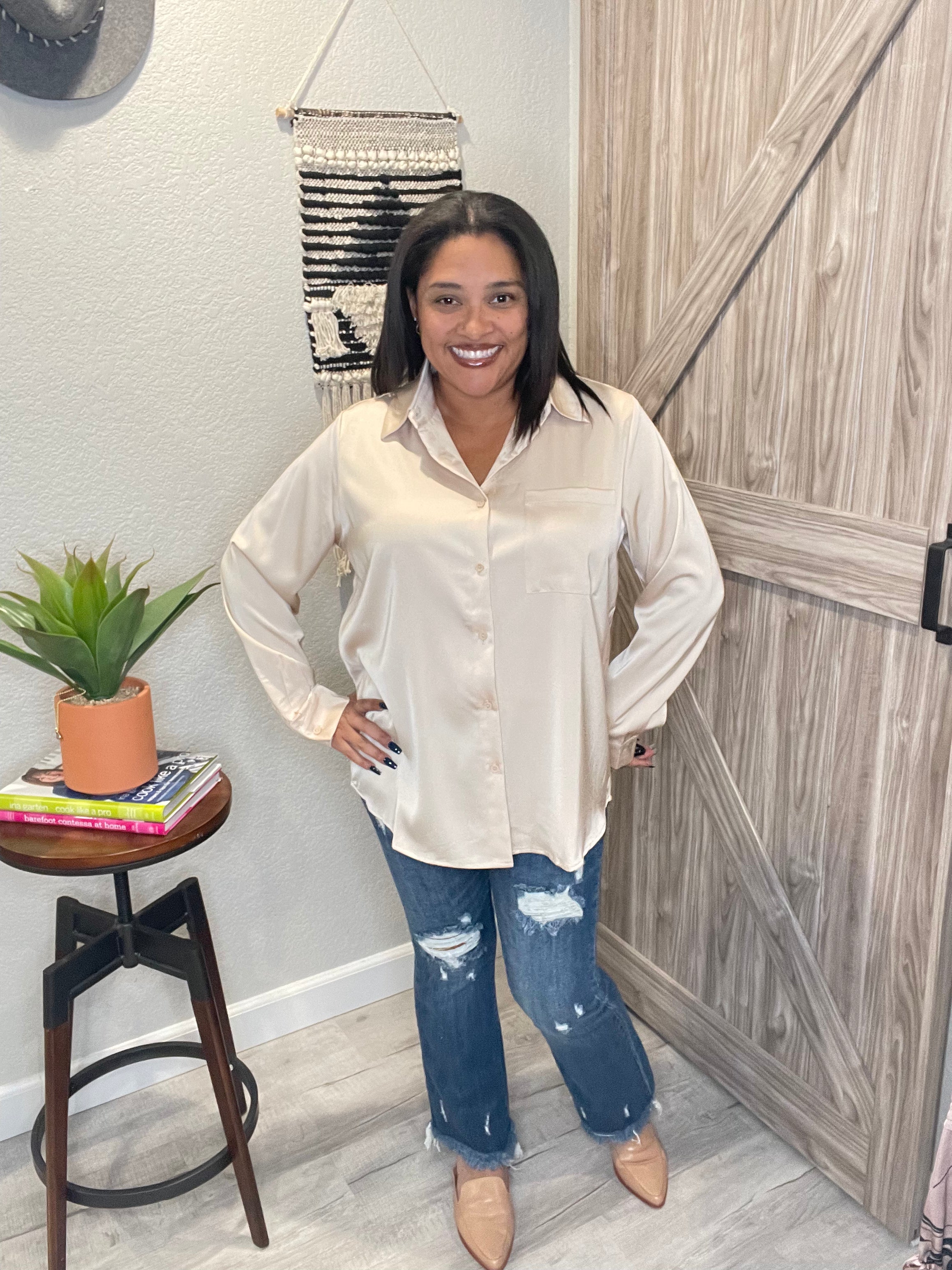 Size Small Champagne Satin Long Sleeve Button Down Blouse