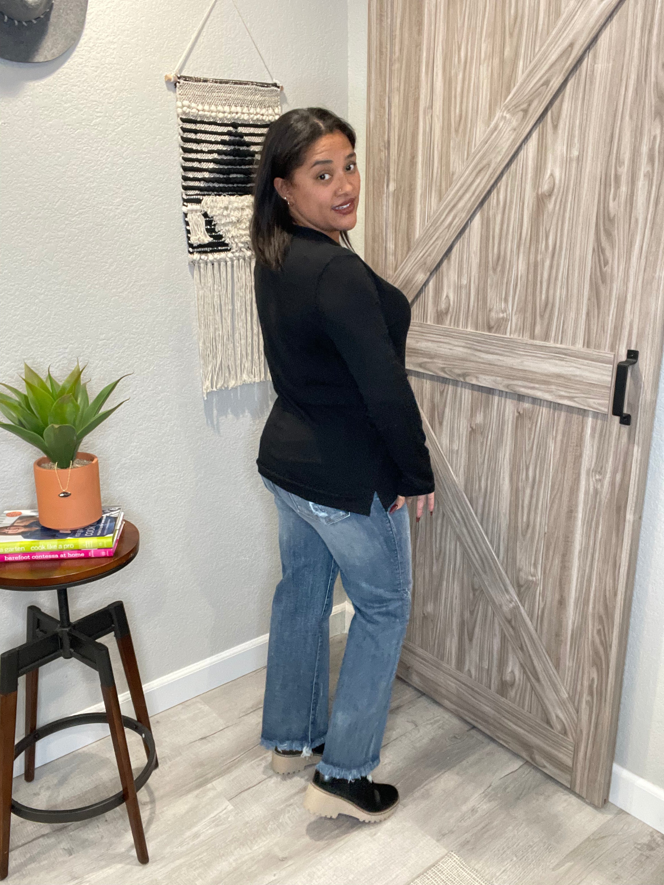Risen Denim High Rise Straight Leg Jeans