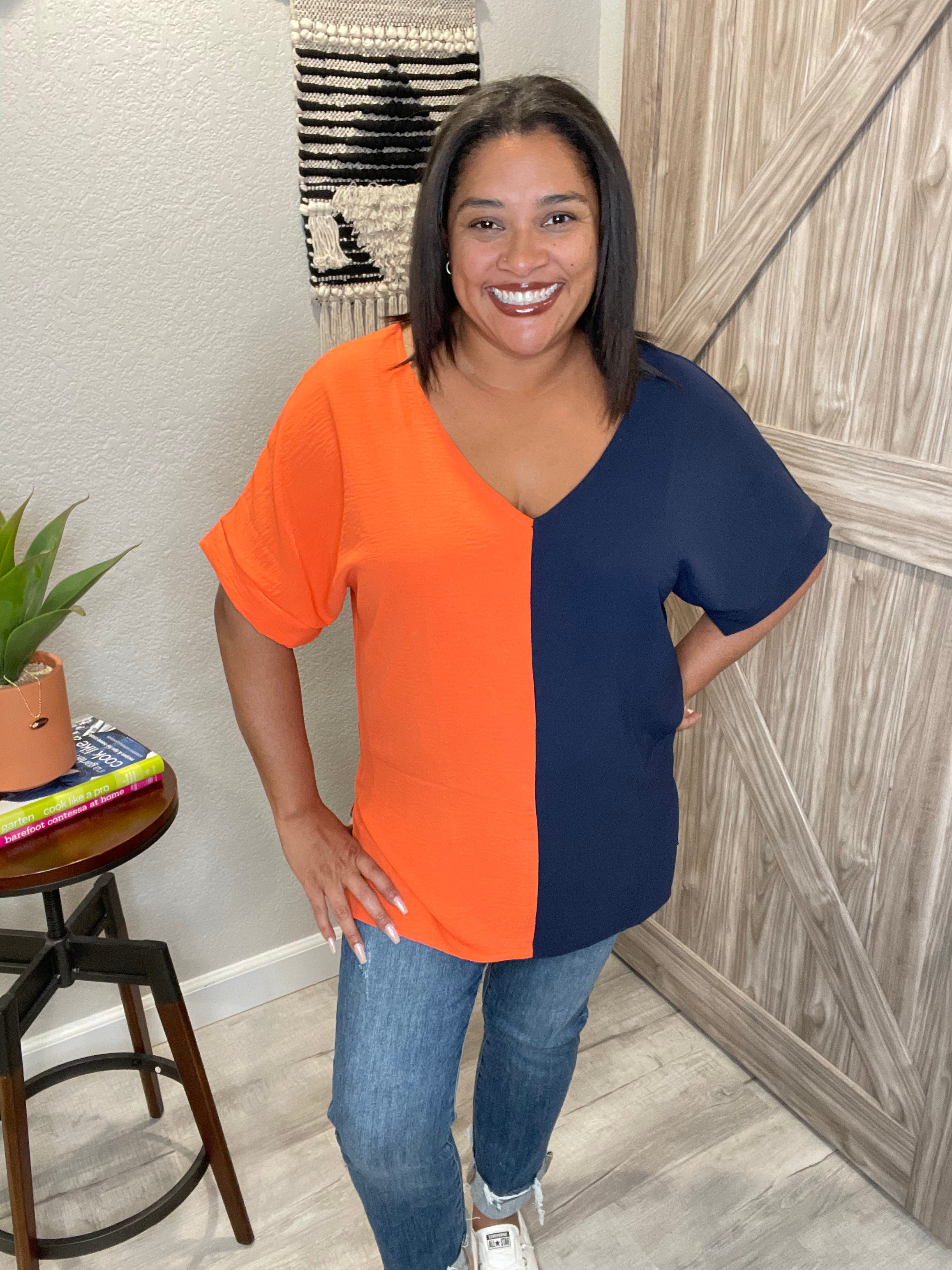 Navy & Orange Color Block V Neck Top