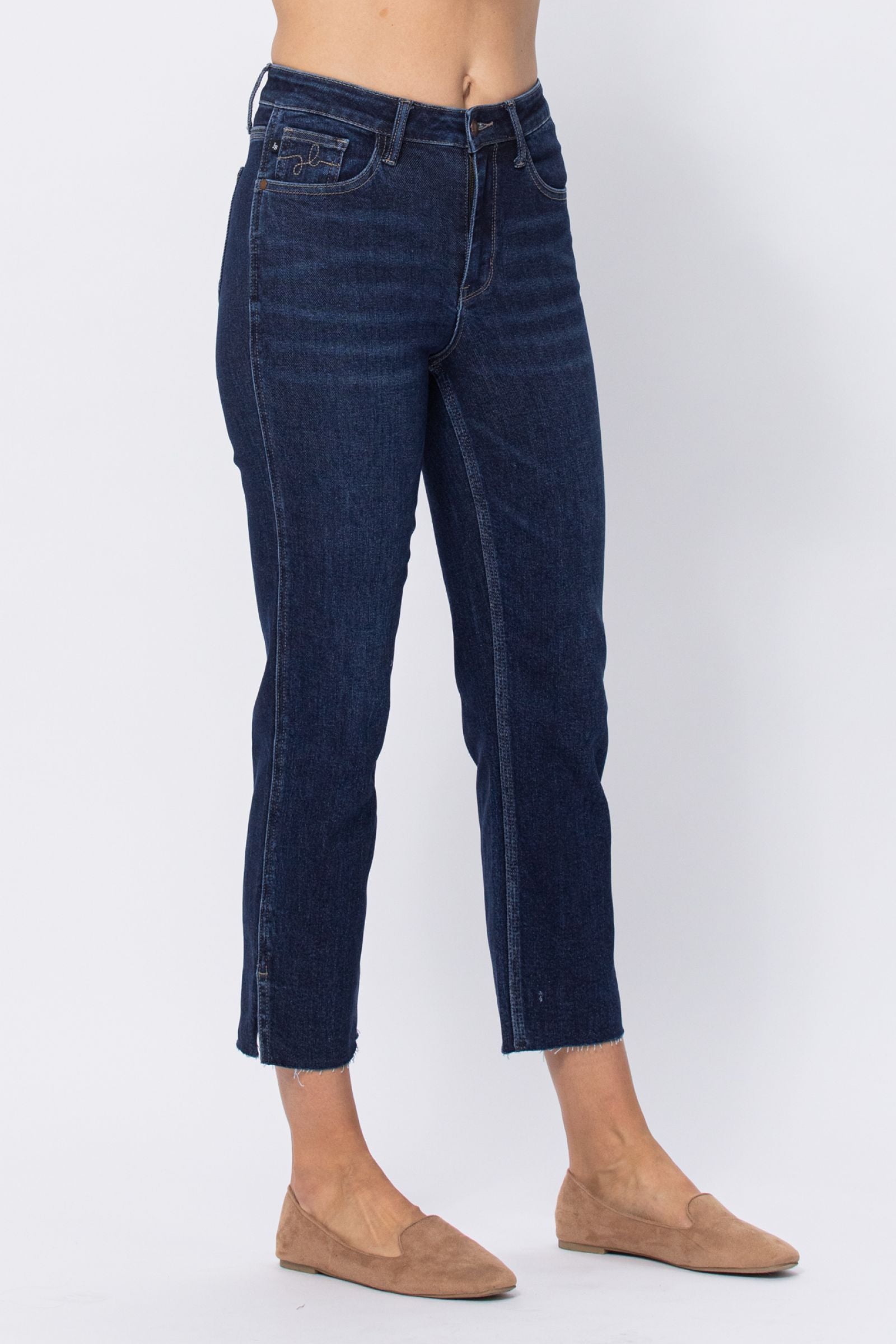 Size 1 Judy Blue Hi Waist Cropped Straight Leg Dark Denim w/ Slit