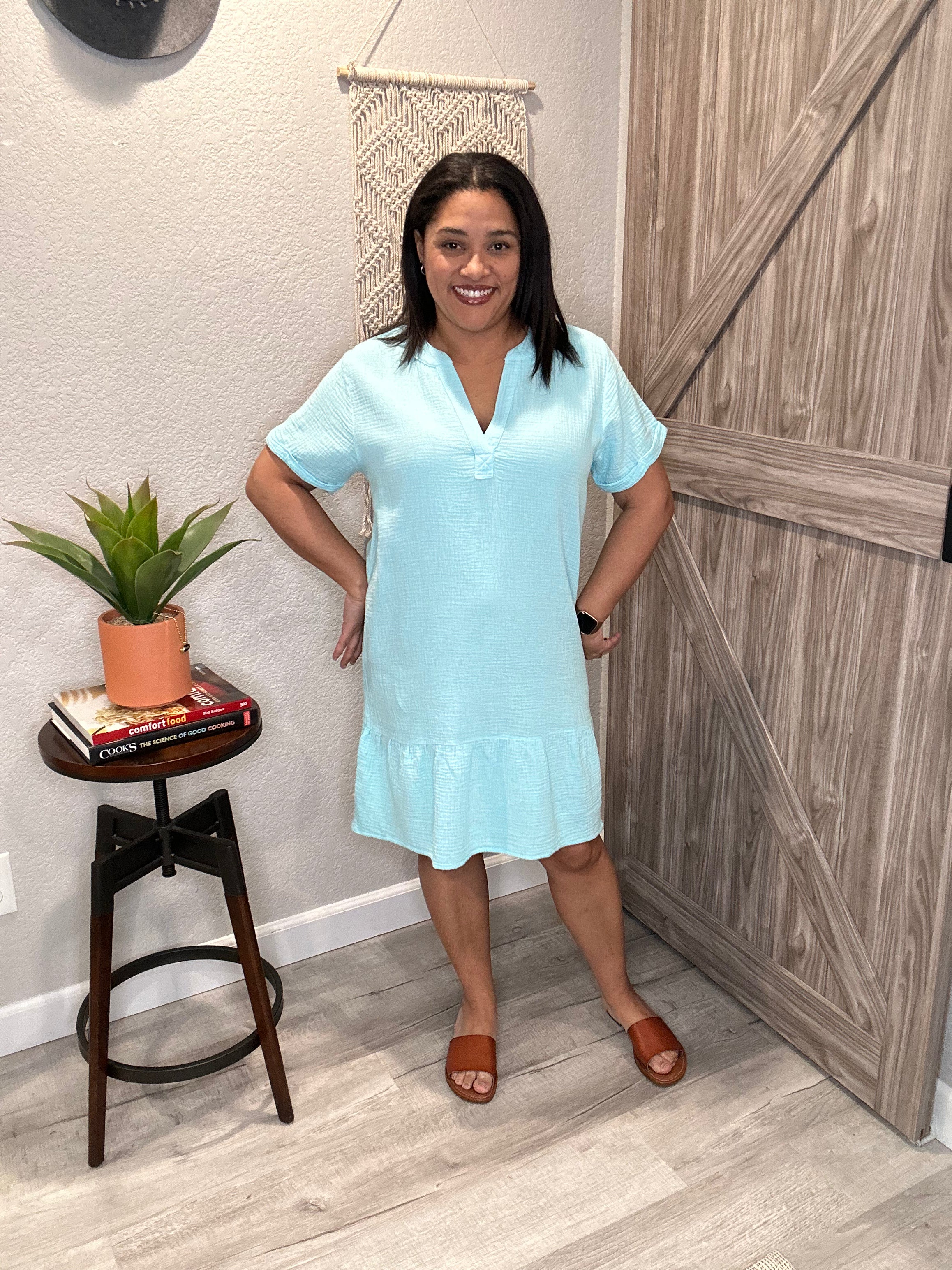Bobi Split Neck Ruffle Hem Dress