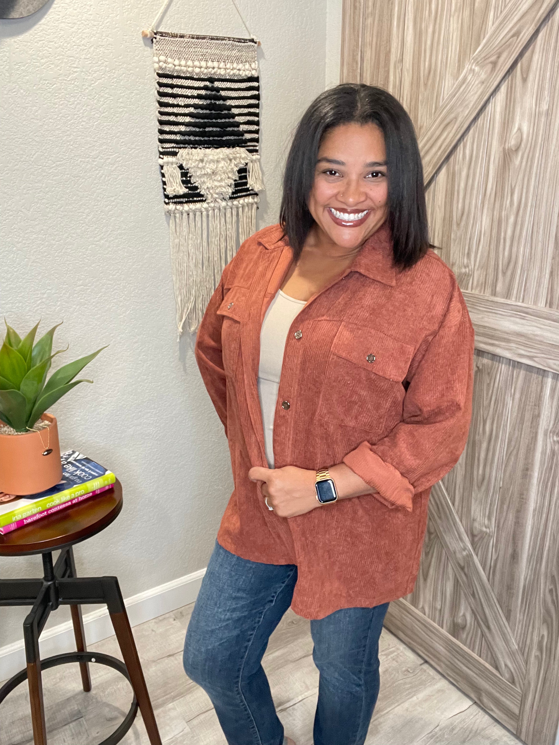 Size 1XL Cinnamon Corduroy Button Down Fall Shacket