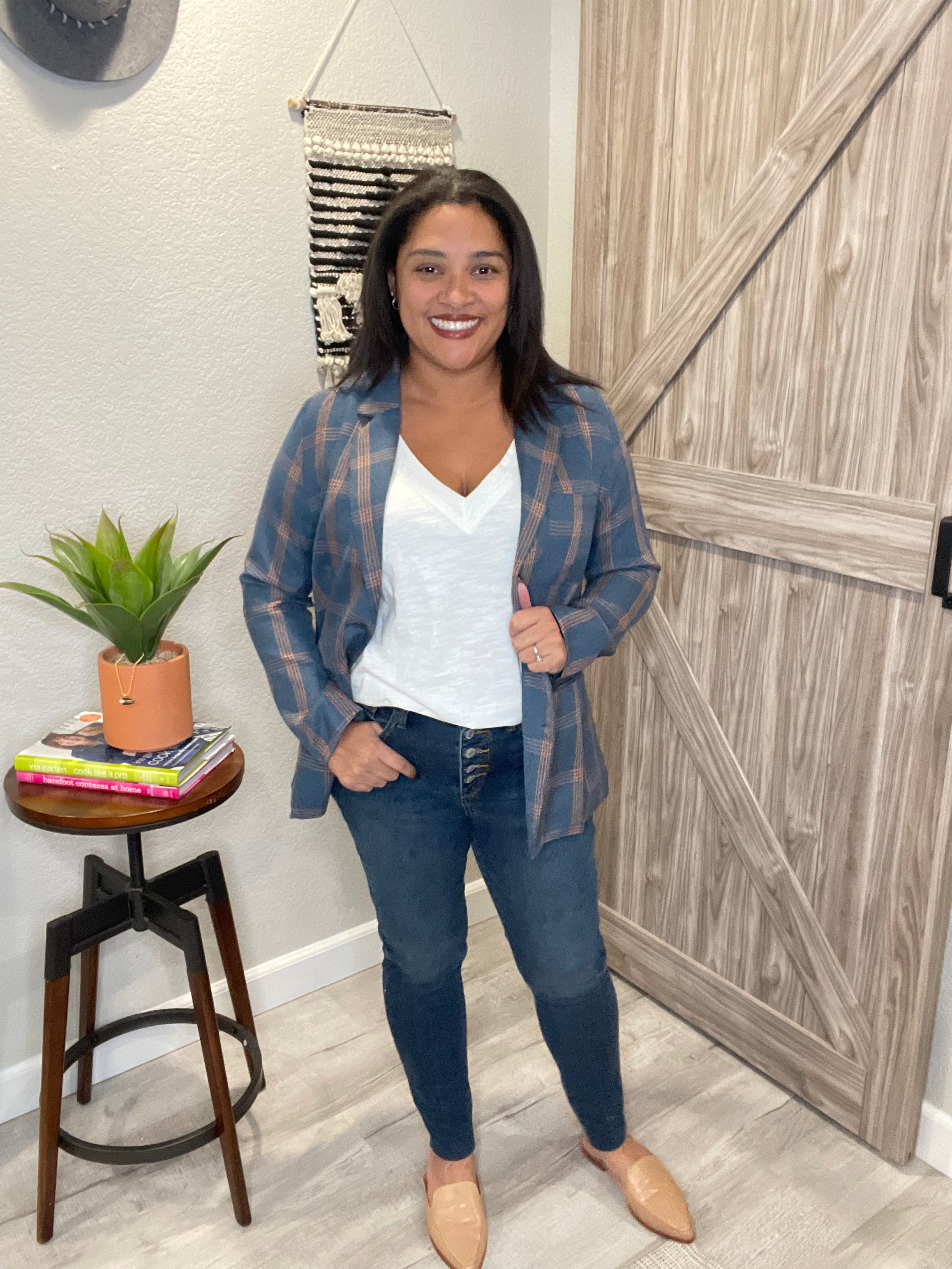 Plaid Two Button Elbow Patch Blazer