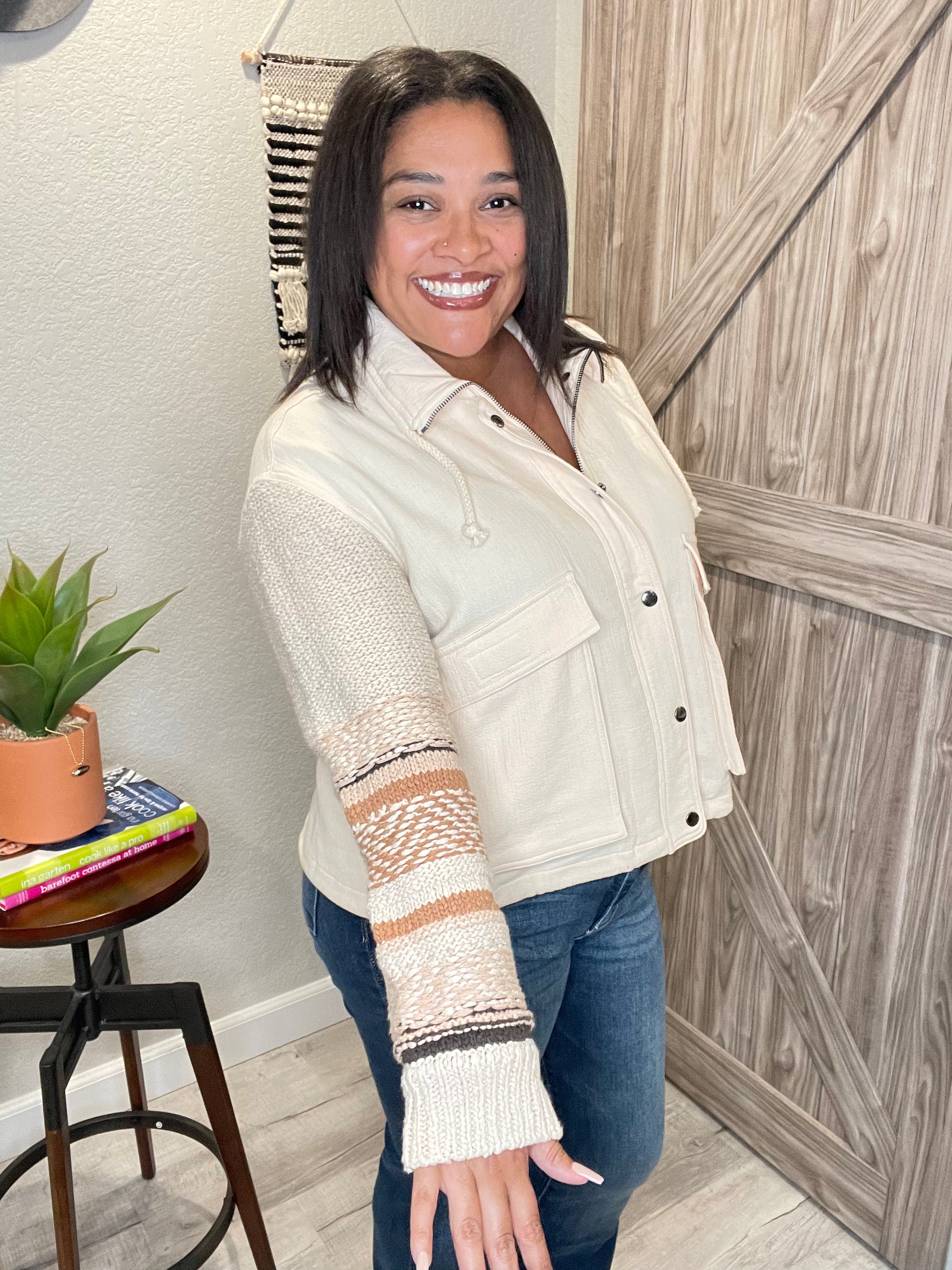 Saltwater Luxe Cream Sweater Sleeve Snap Front Jacket