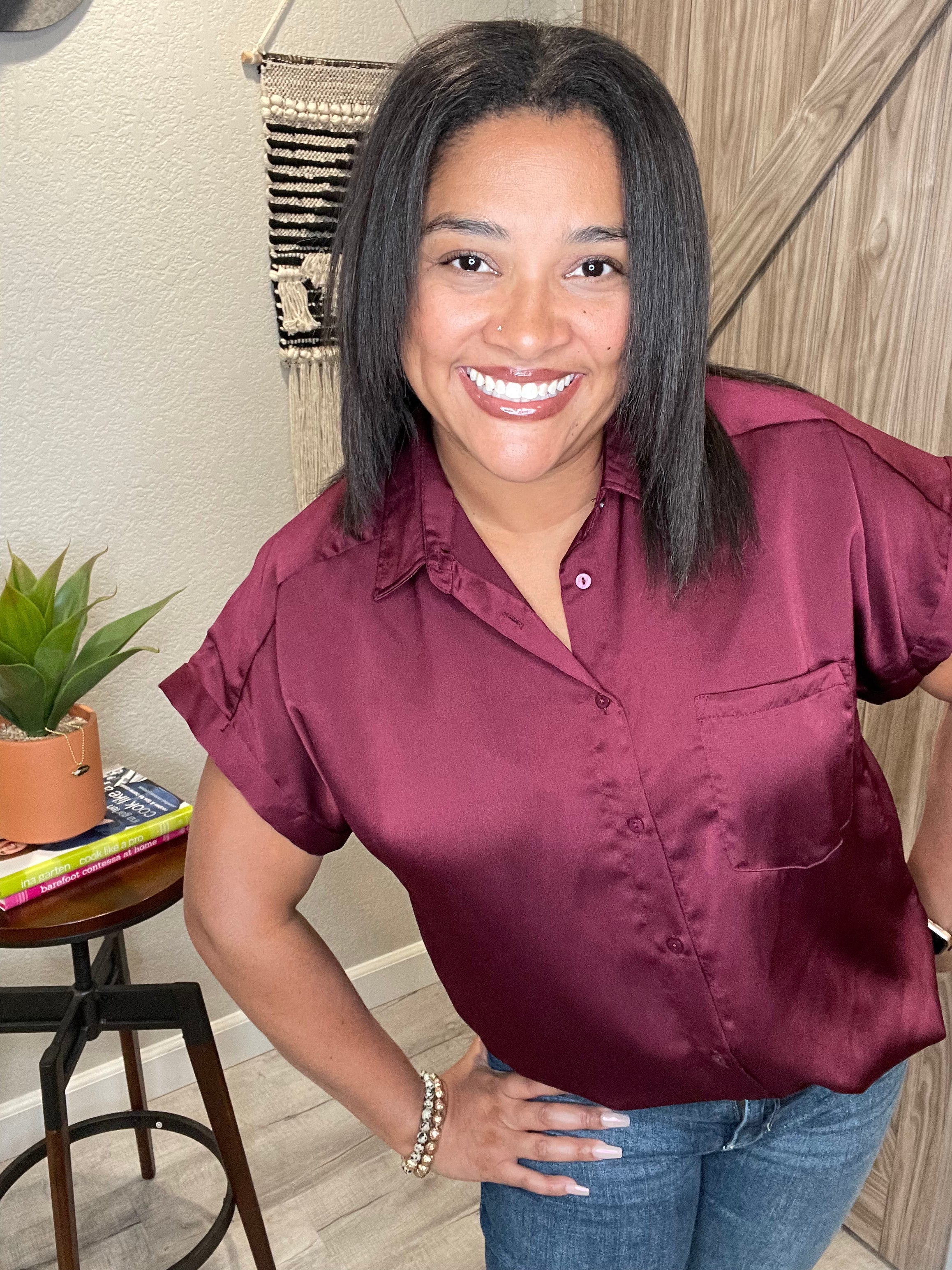 Burgundy Satin Short Sleeve Button Down Top