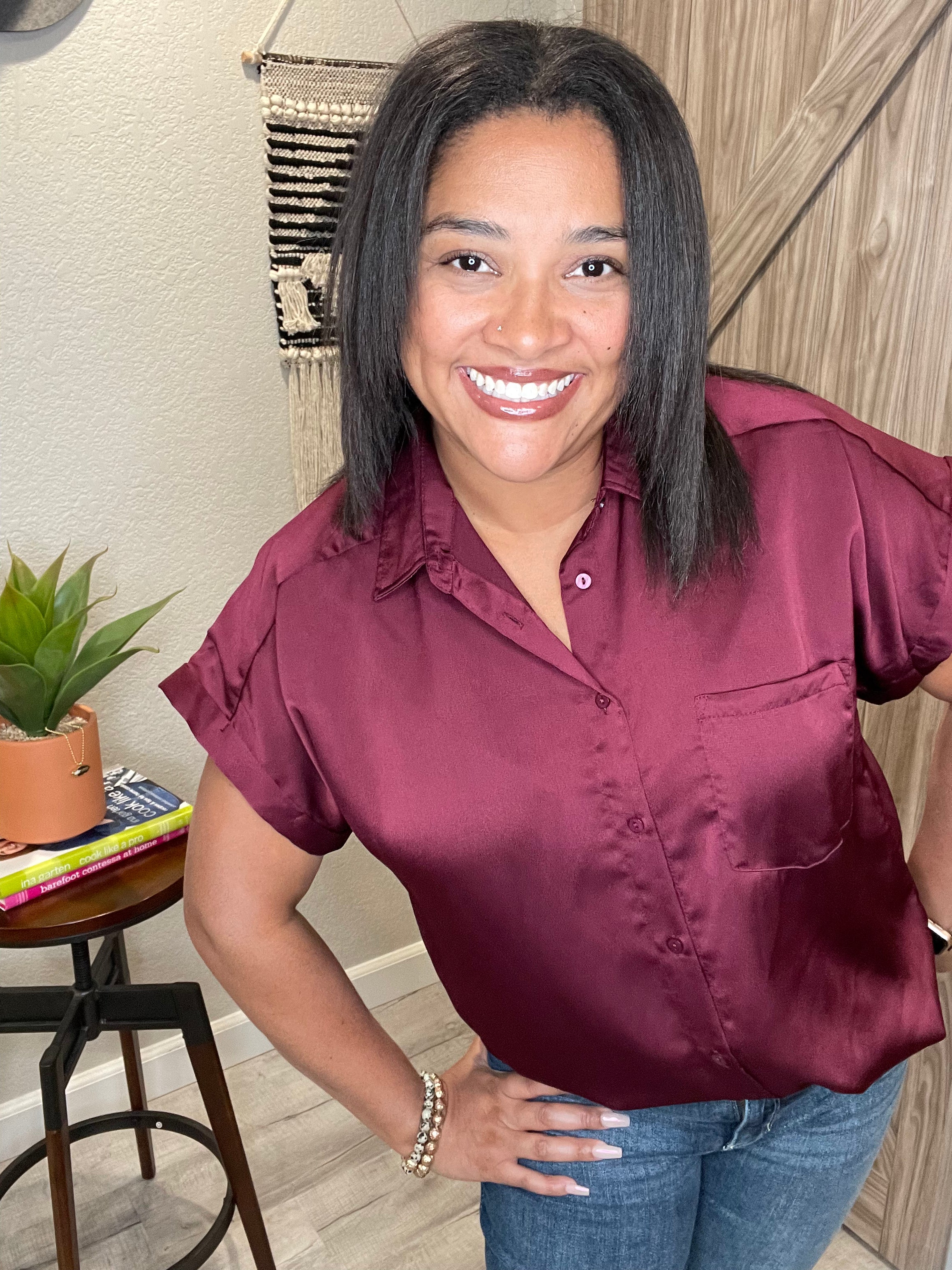 Size XL & 2XL Burgundy Satin Short Sleeve Button Down Top