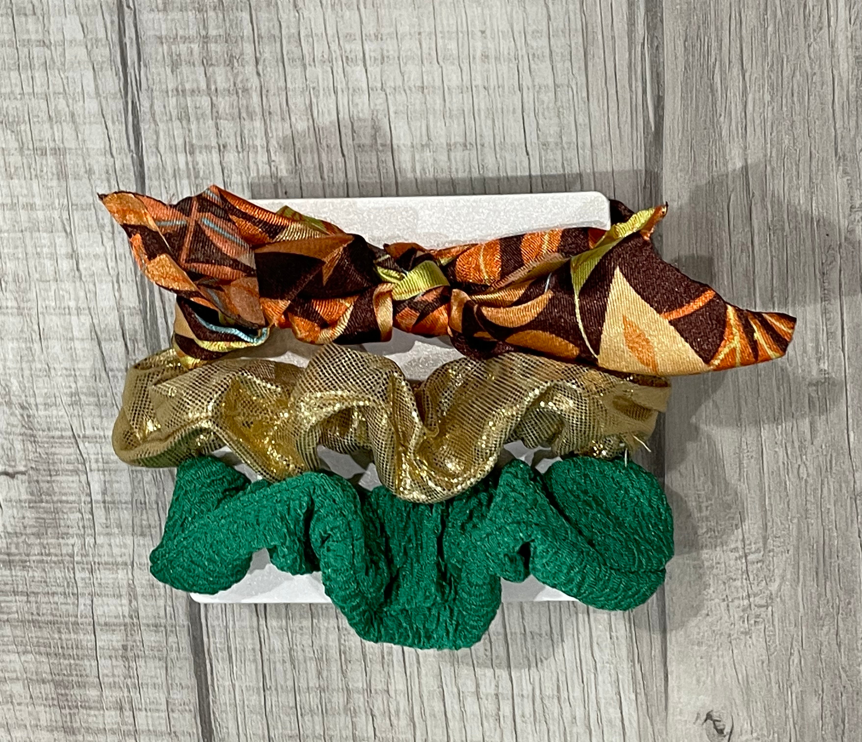 Floral Metallic Green Mini 3 Pack of Scrunchies