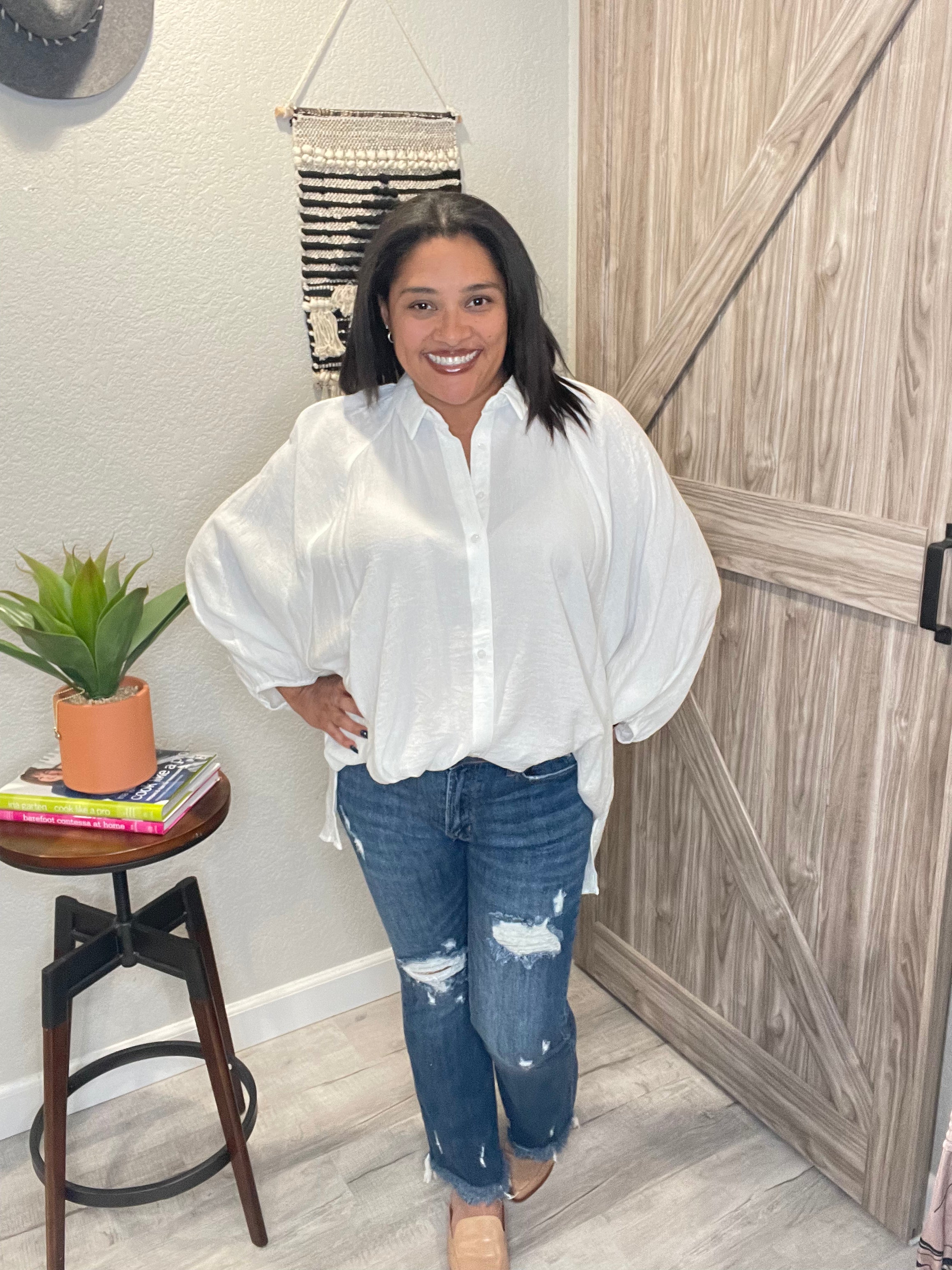 Ivory Oversized Dolman Sleeve Button Down Blouse