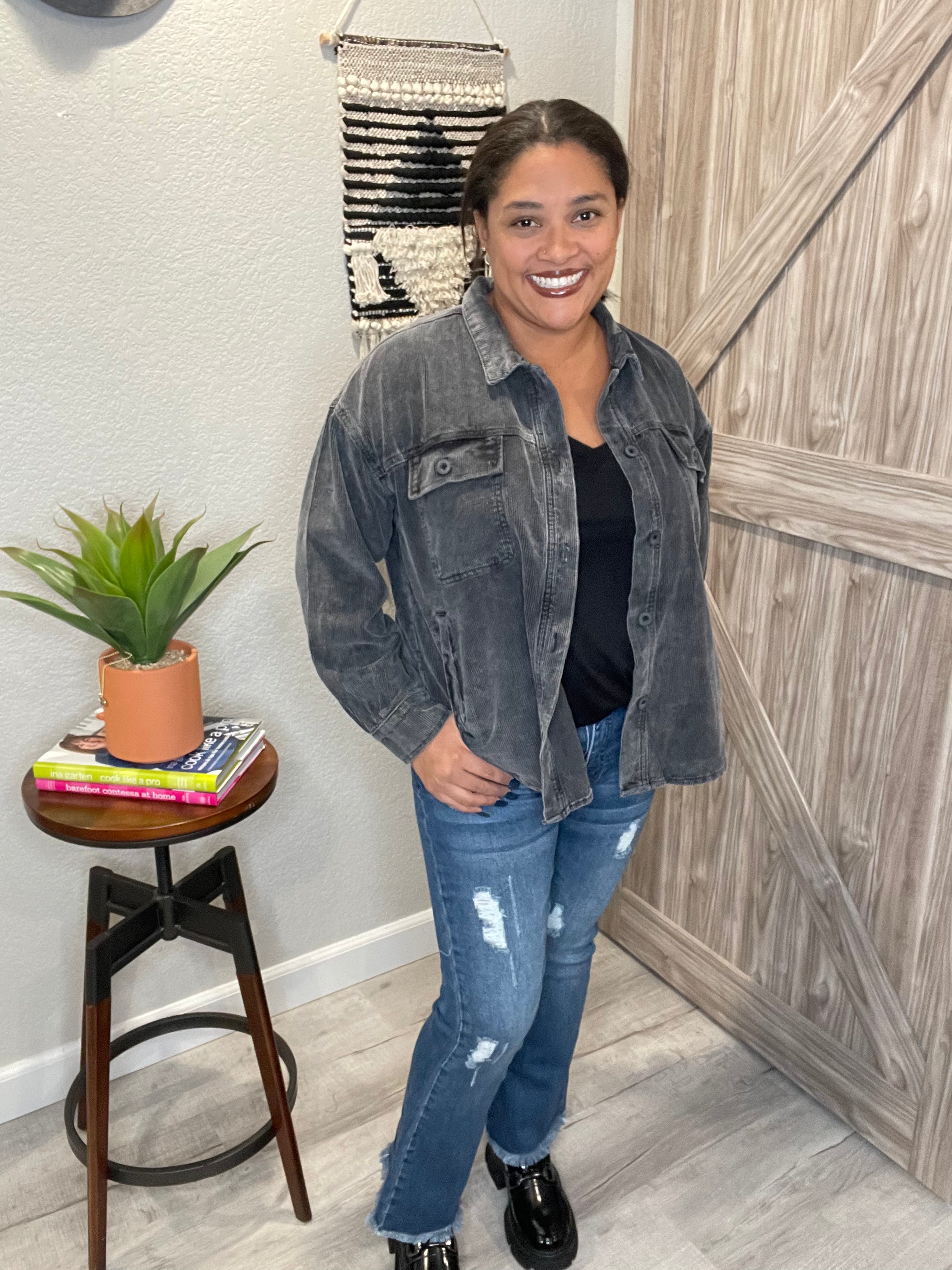 Washed Black Corduroy Button Down Shirt Shacket
