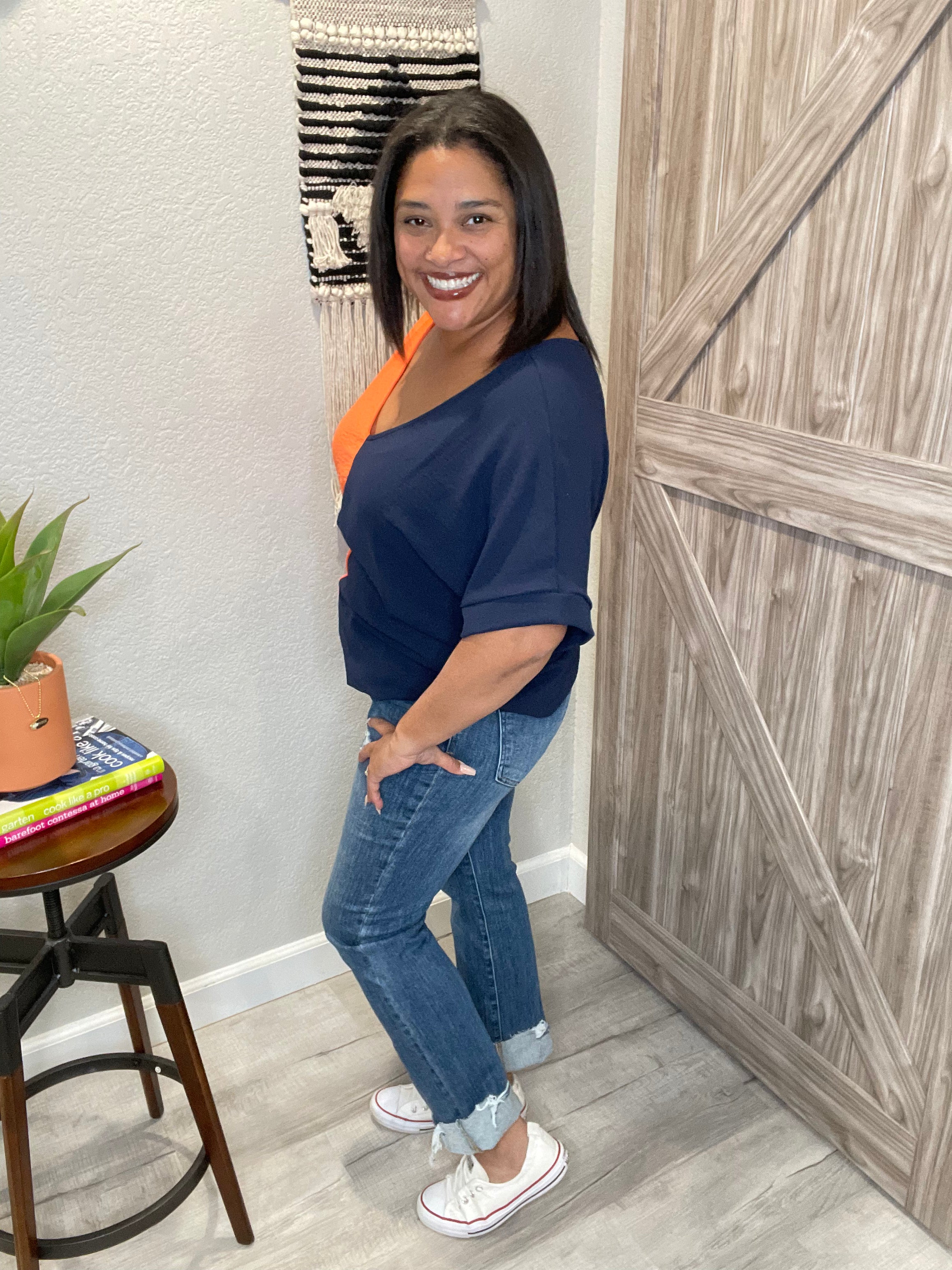 Navy & Orange Color Block V Neck Top