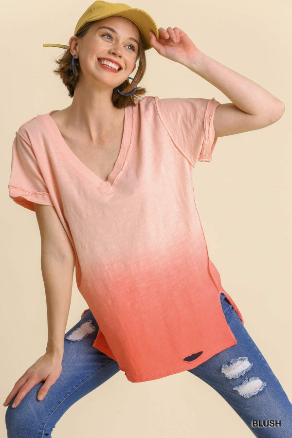 Size Large-1XL Blush Gathered Dip Dye Distressed V-Neck Short Sleeve Top with Side Slits