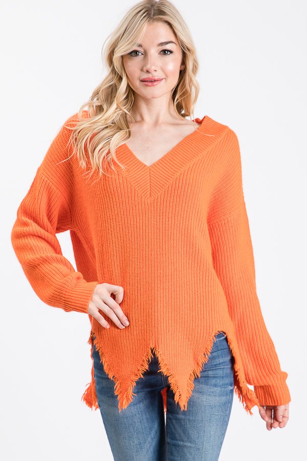 Size 3XL Distressed Bright Orange V Neck Sweater with Rough Hem
