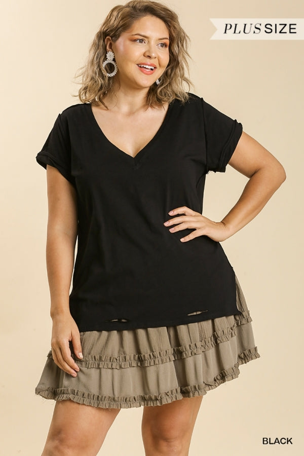 Gathered V Neck Short Sleeve Distressed Cotton Tee (Multiple colors available)
