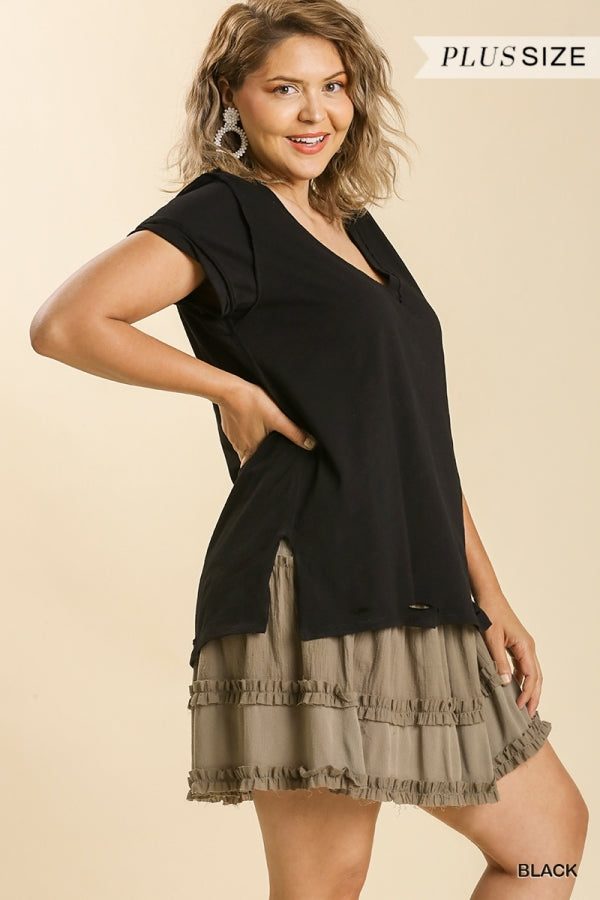 Gathered V Neck Short Sleeve Distressed Cotton Tee (Multiple colors available)