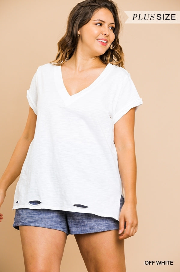 Gathered V Neck Short Sleeve Distressed Cotton Tee (Multiple colors available)