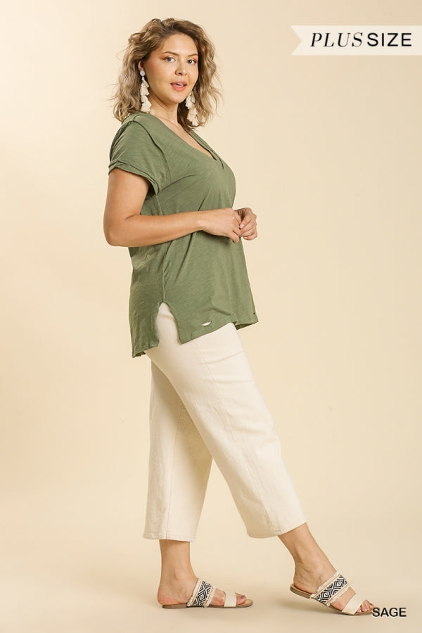 Gathered V Neck Short Sleeve Distressed Cotton Tee (Multiple colors available)