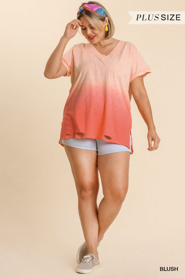 Size Large-1XL Blush Gathered Dip Dye Distressed V-Neck Short Sleeve Top with Side Slits