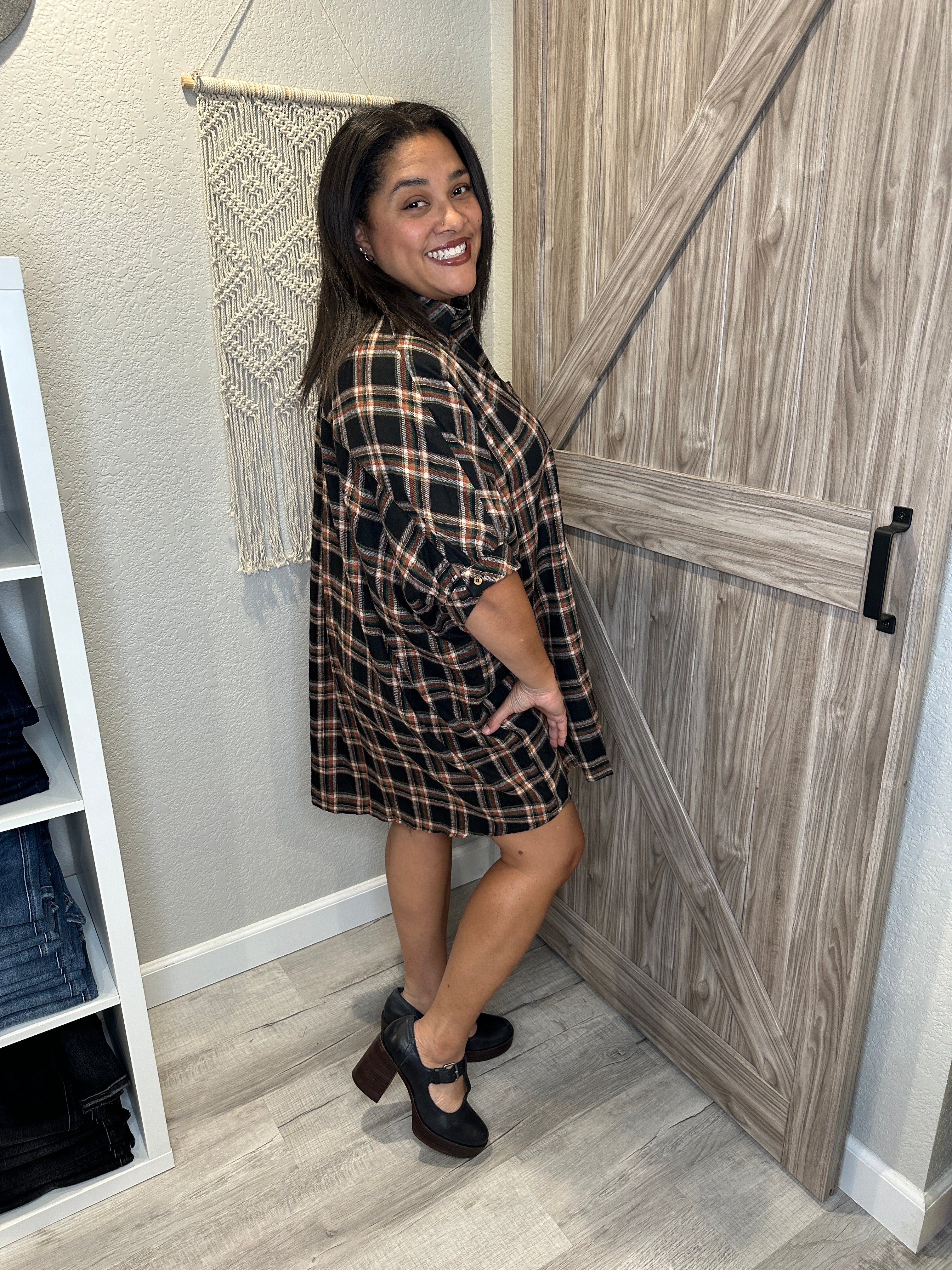 Fall Oversized Plaid Flannel Button Down Dress