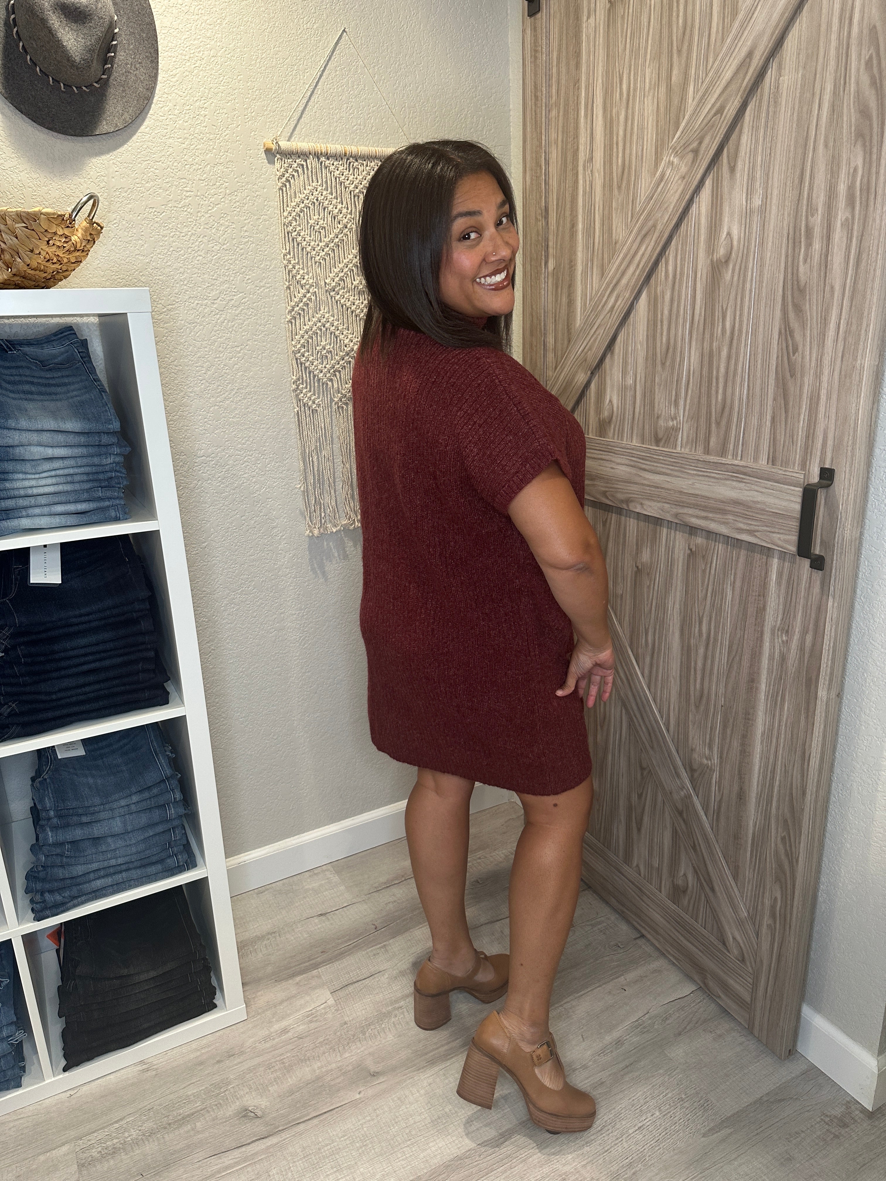 Cranberry Mock Neck Sweater Knit Above the Knee Dress