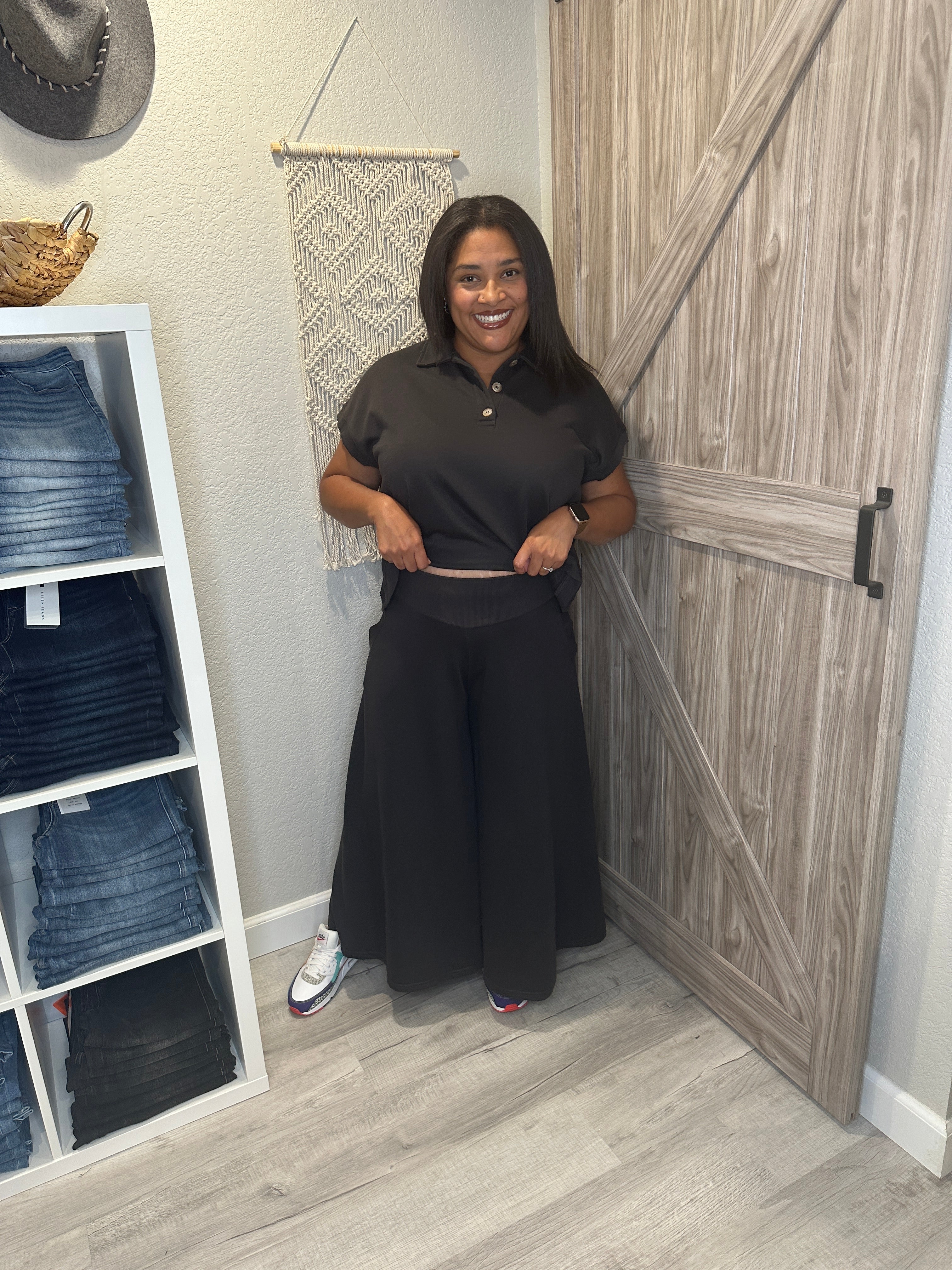 Faded Black Distressed Top and Wide Leg Pants Matching Set