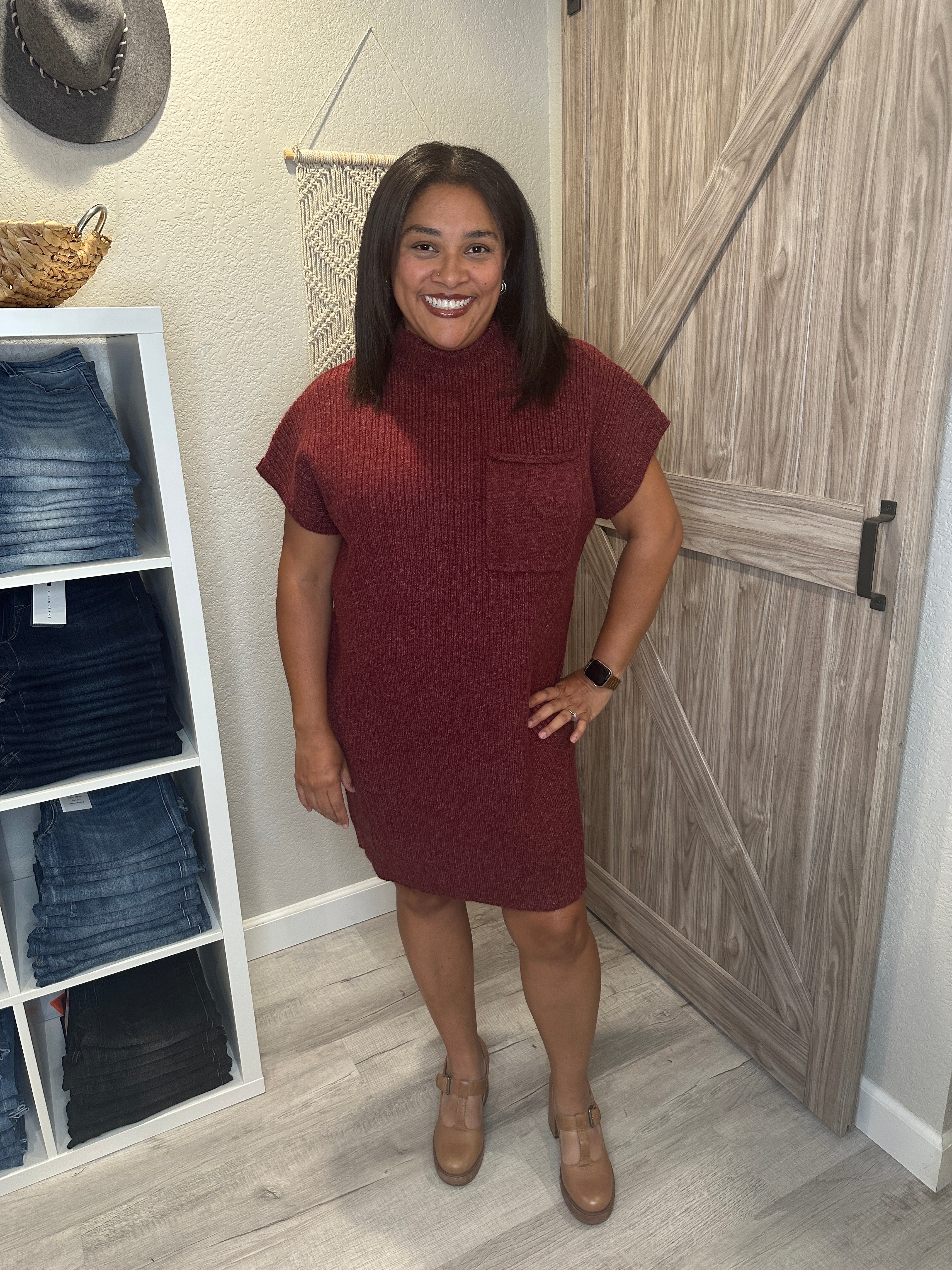 Cranberry Mock Neck Sweater Knit Above the Knee Dress