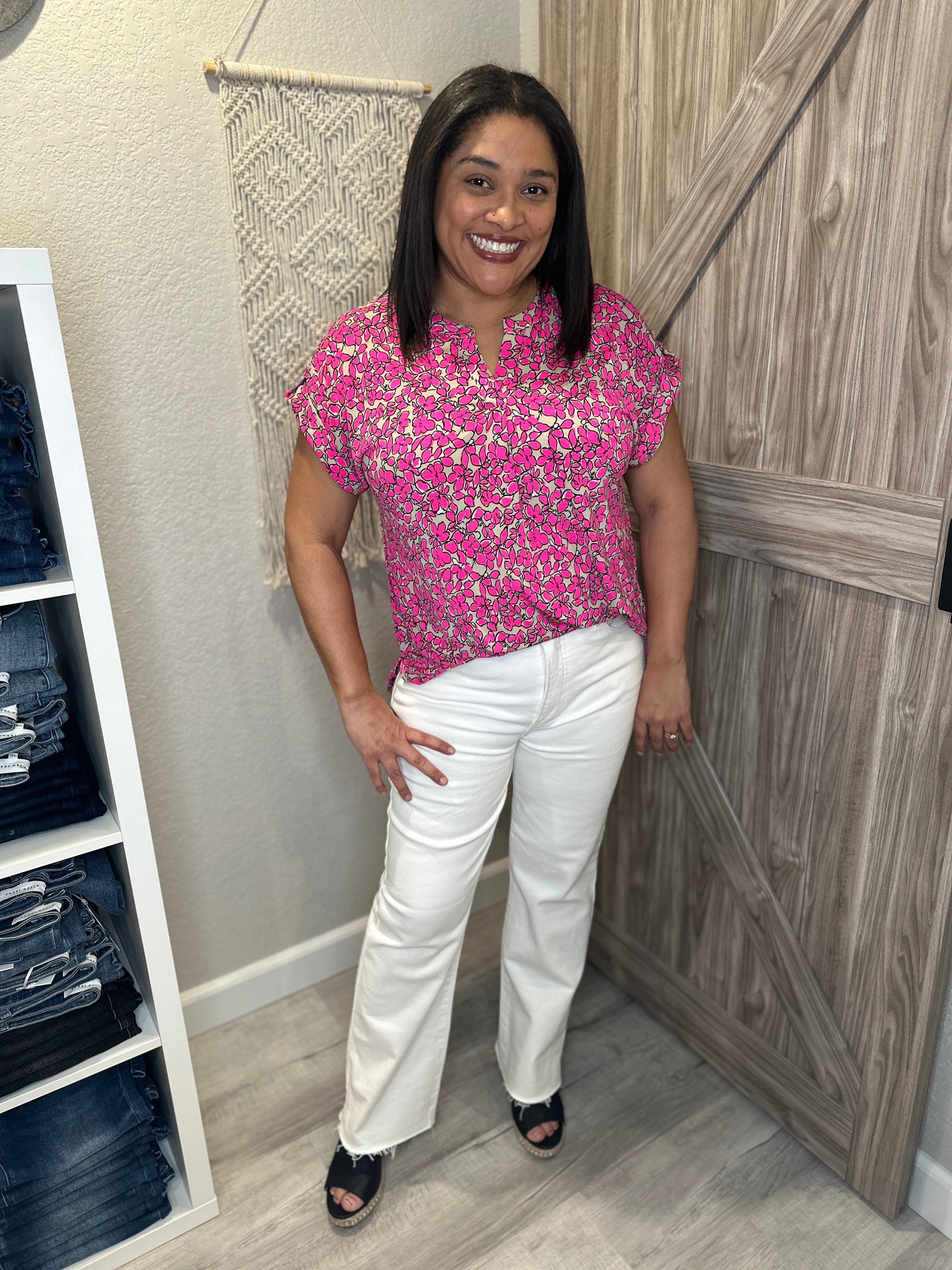 Floral Bright Pink Taupe & Black Split Neck Short Sleeve Lizzy Top