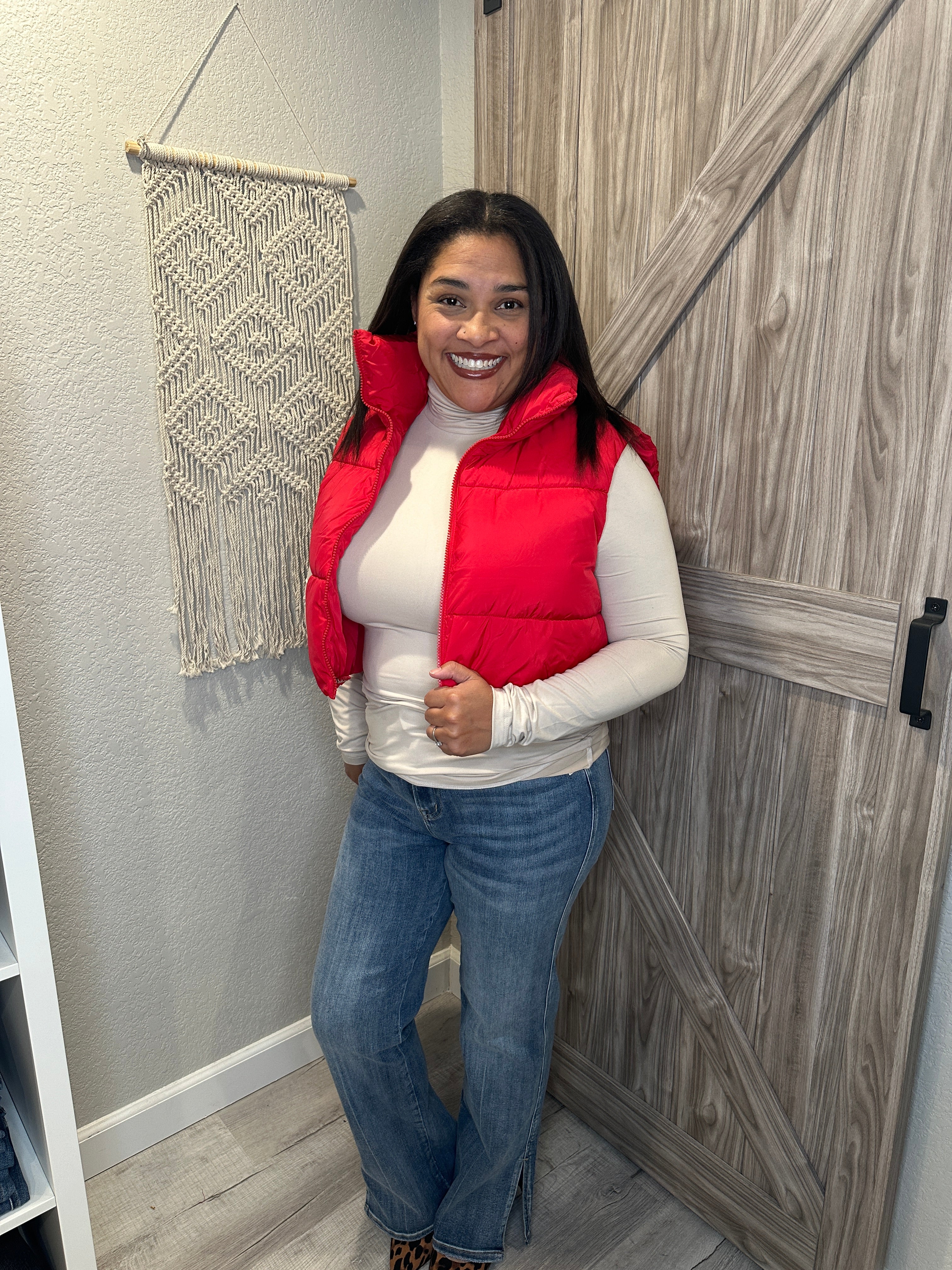 Red puffer store vest outfit