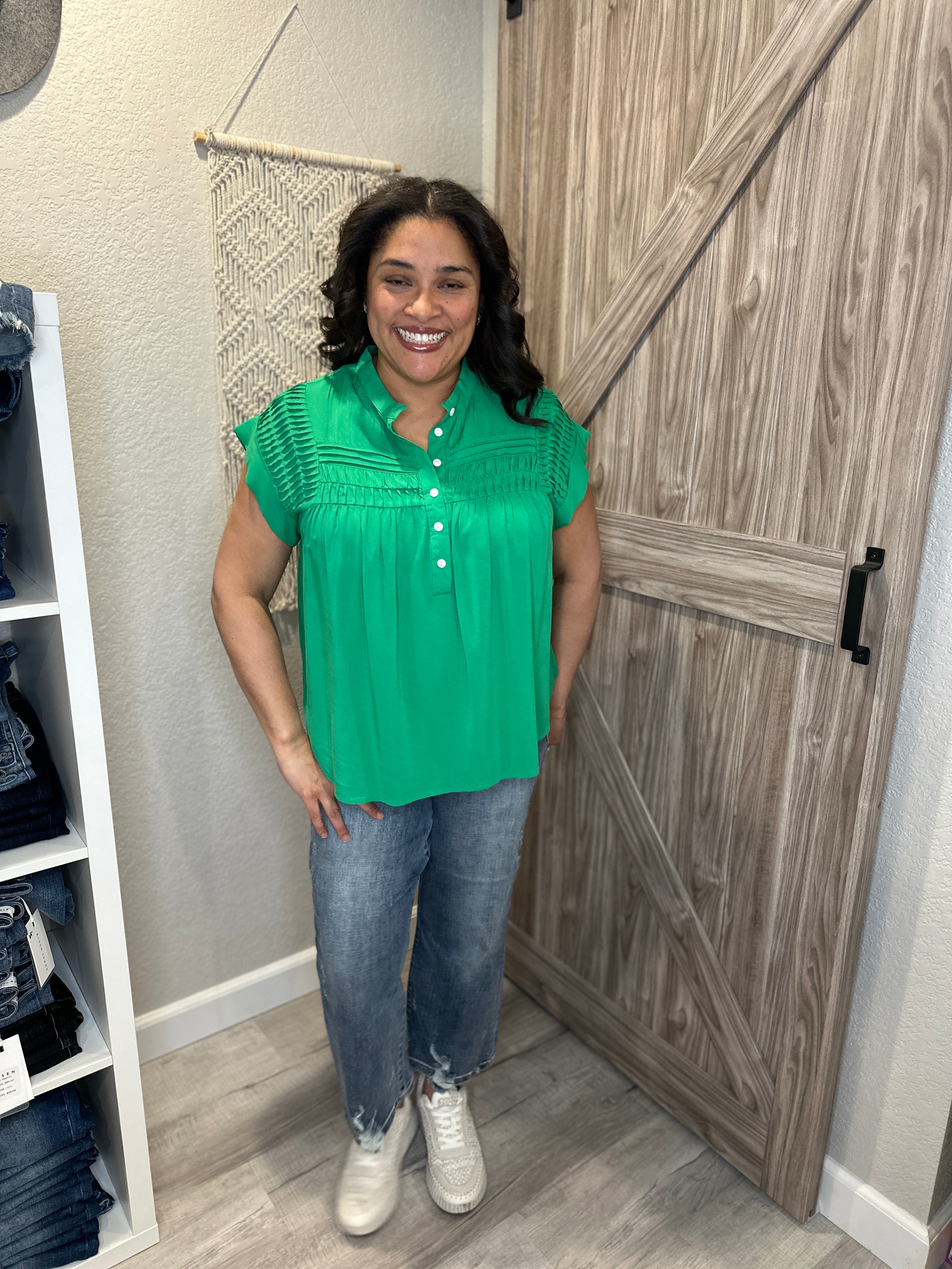 Kelly Green Relaxed Fit Button Up Top