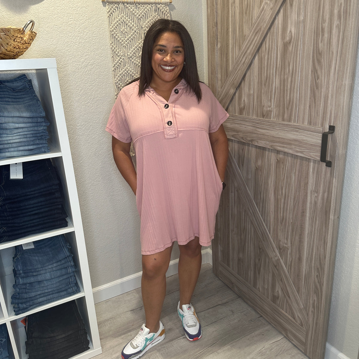 Ribbed Knit T Shirt Casual Above The Knee Dress Medium / Tan