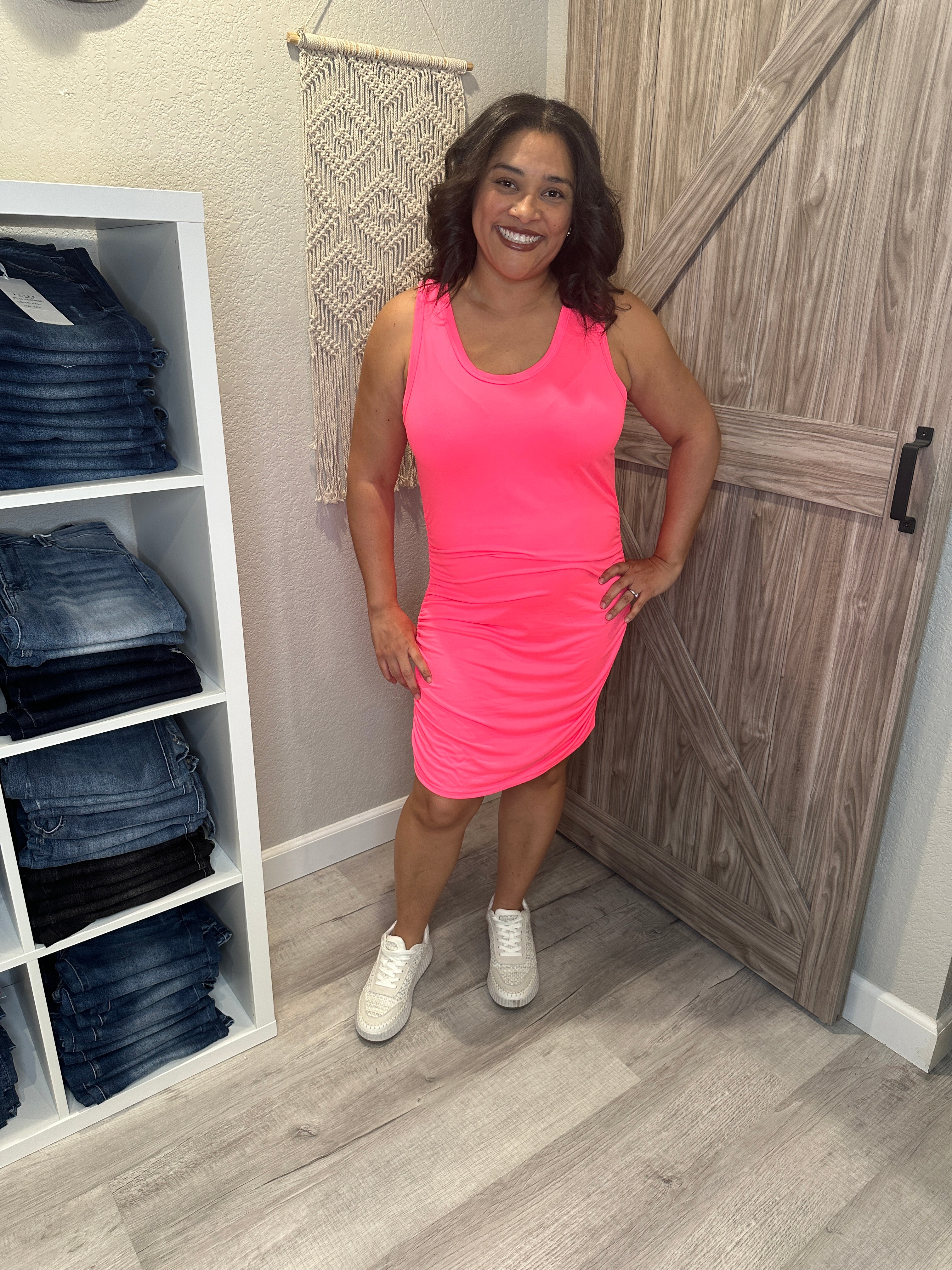 Neon Pink Body Con Ruched Summer Sleeveless Dress