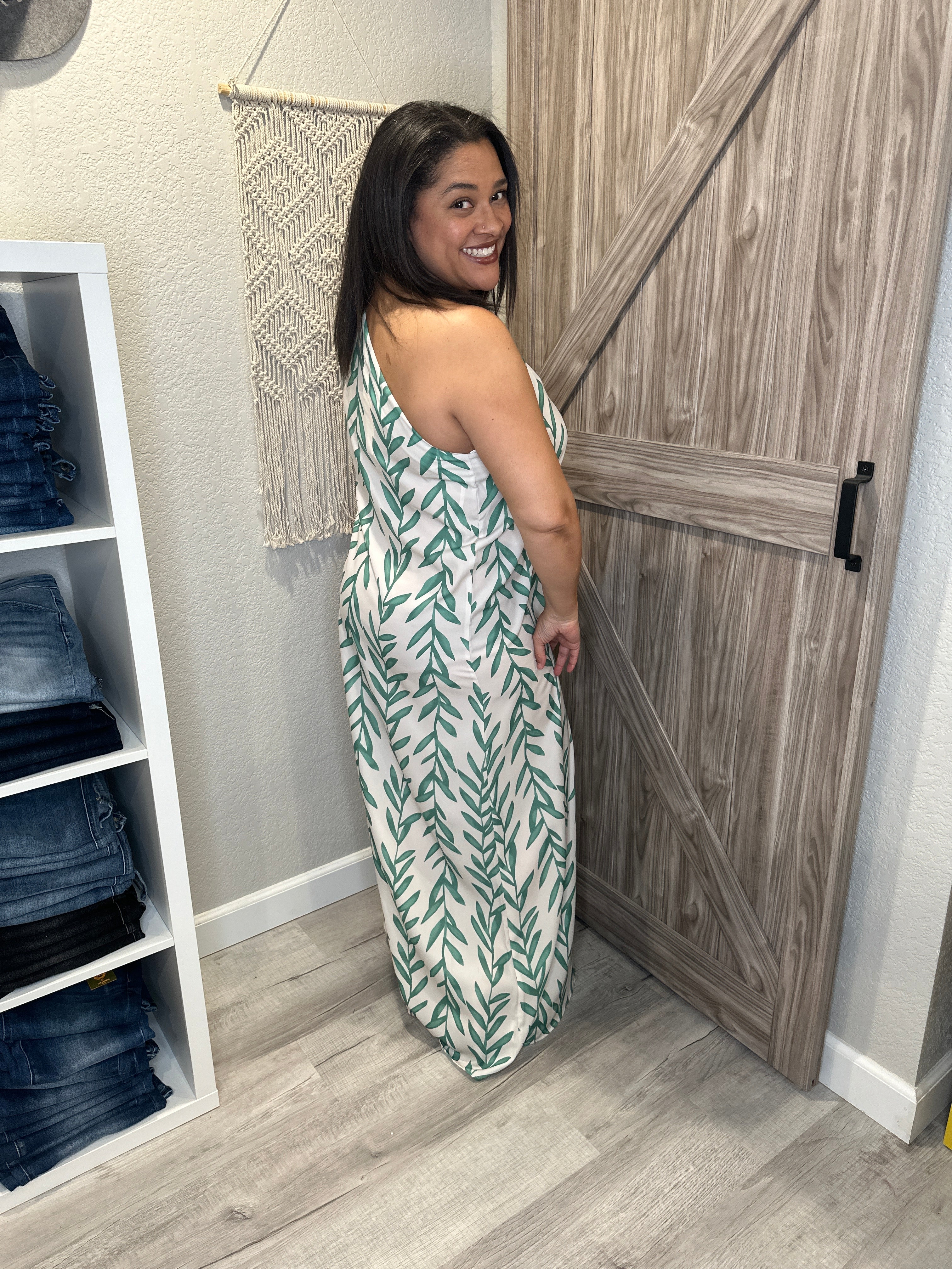 Summer Breeze Leaf Print One Shoulder Maxi Dress