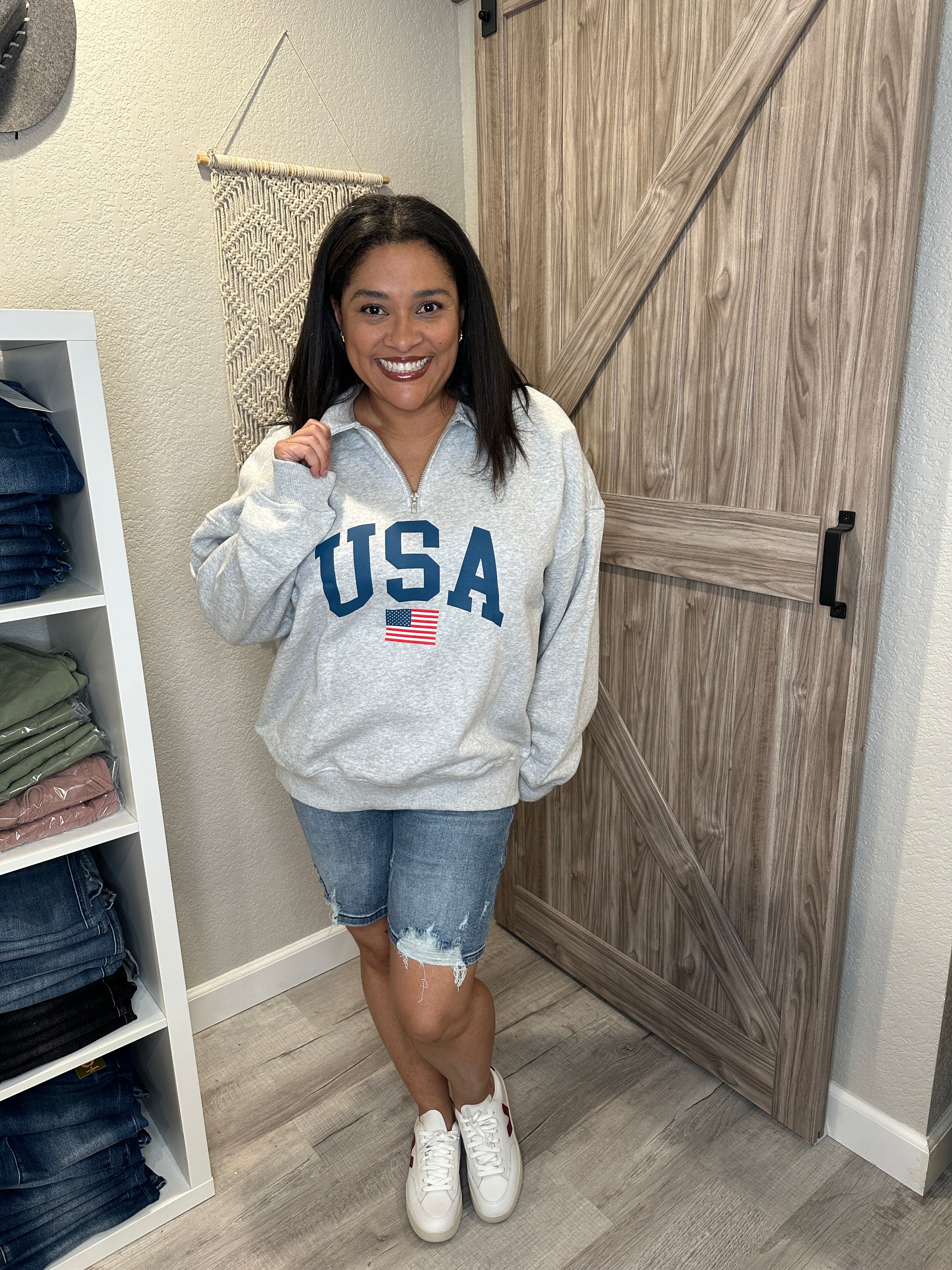 Chaser Heather Gray USA Quarter Zip Oversized Sweatshirt