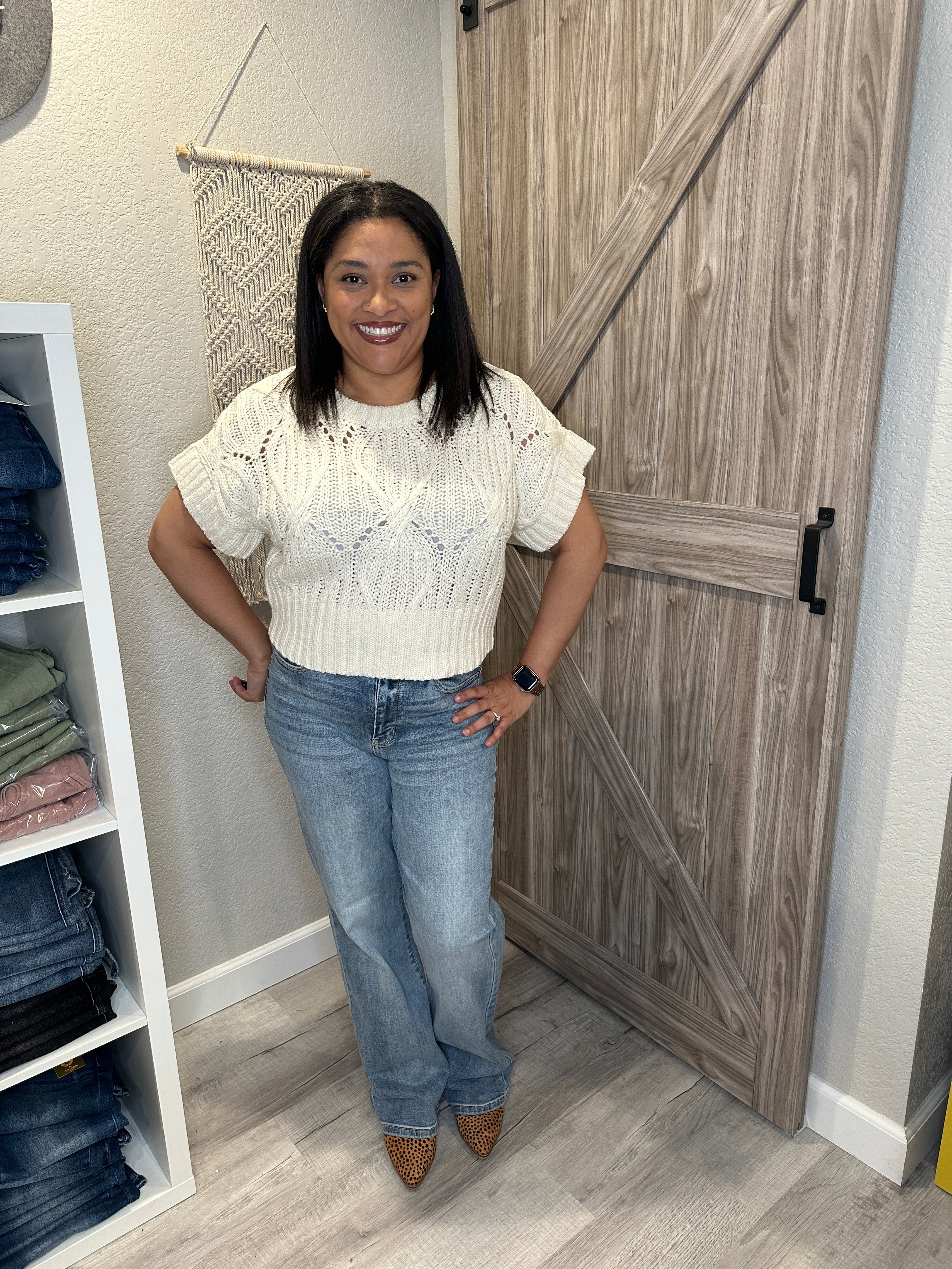 Cali Crochet Short Sleeve Cream Sweater Top