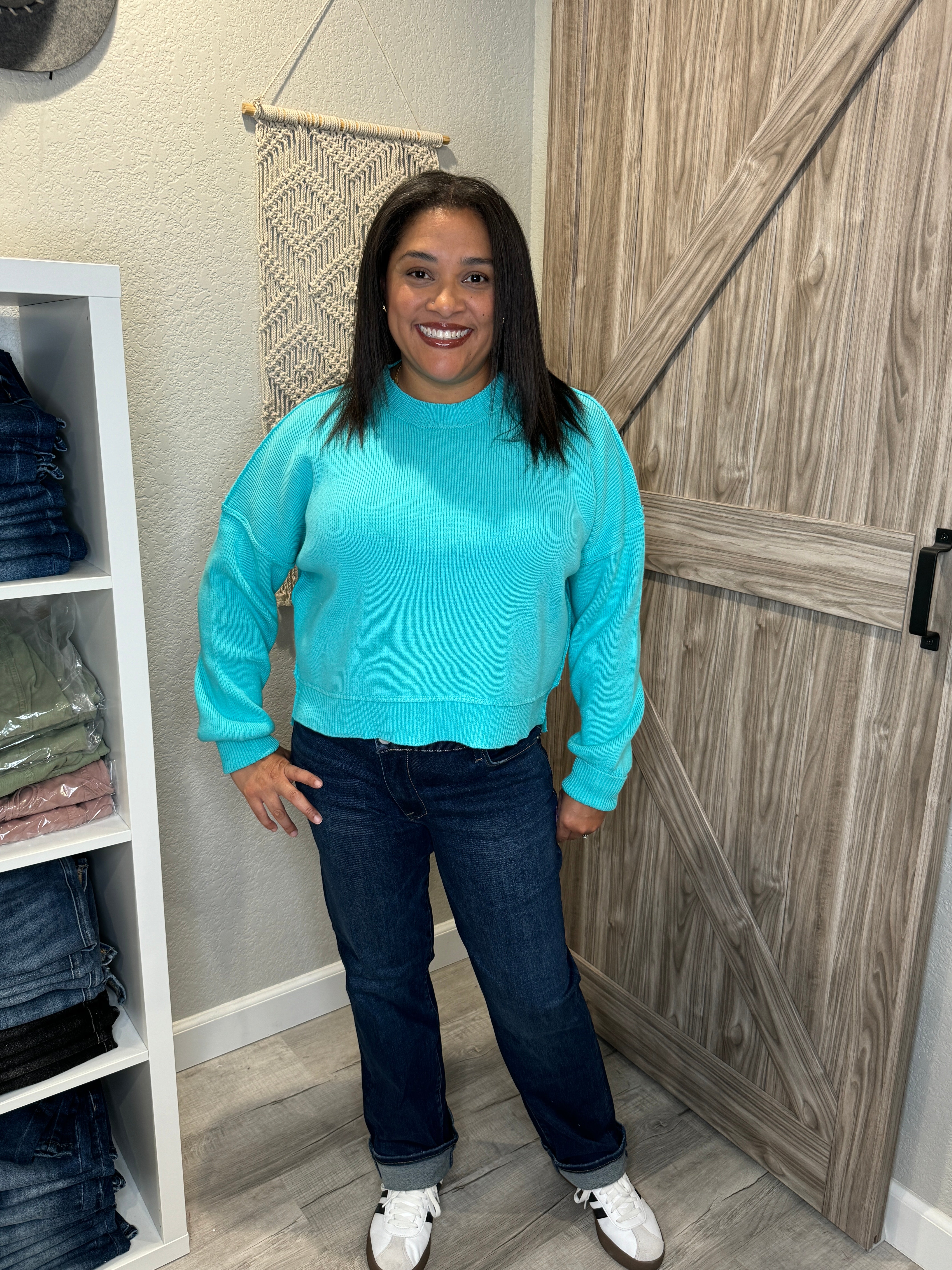 Aqua Blue Pullover Knit Mock Neck Sweater