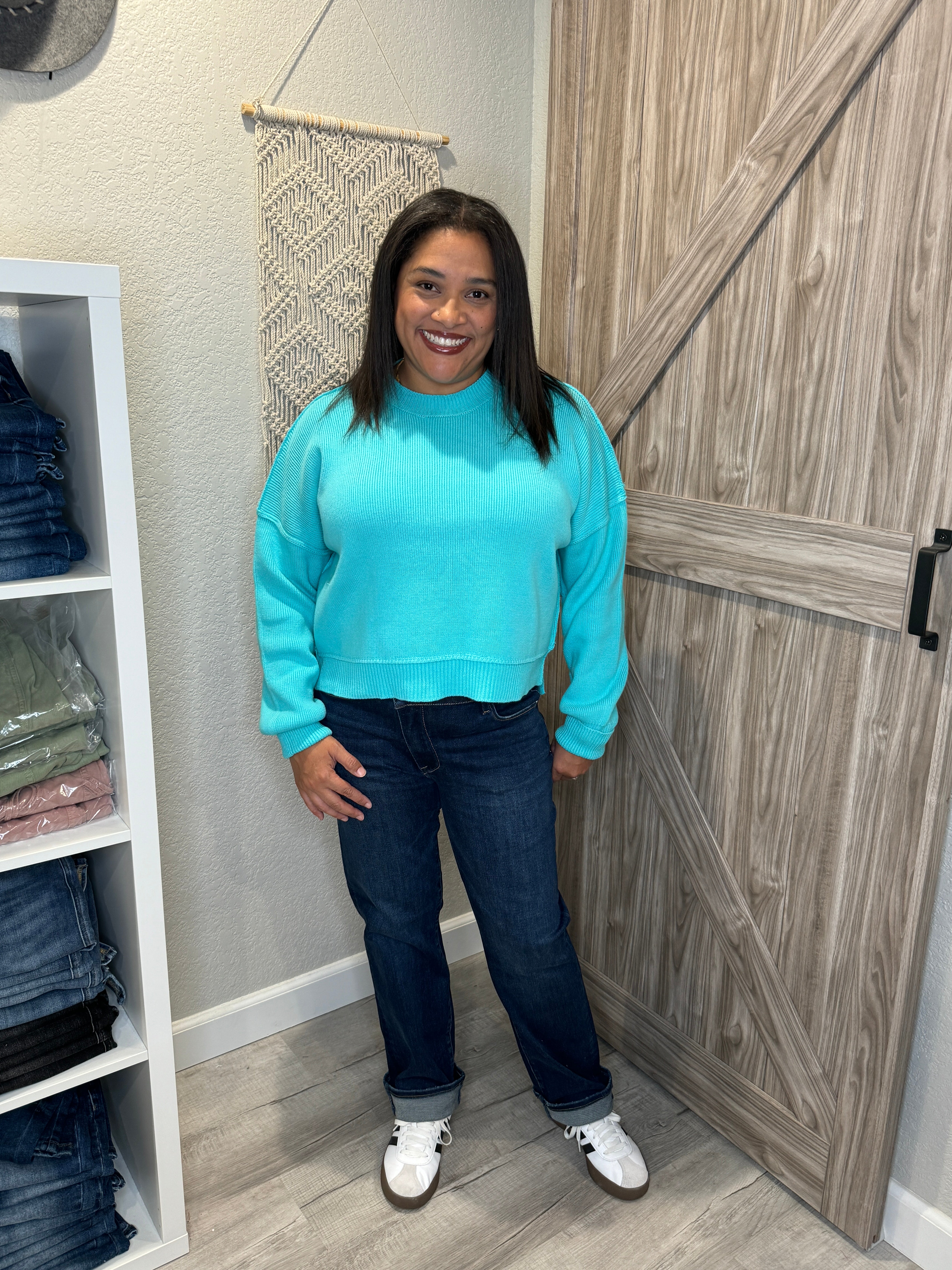 Aqua Blue Pullover Knit Mock Neck Sweater