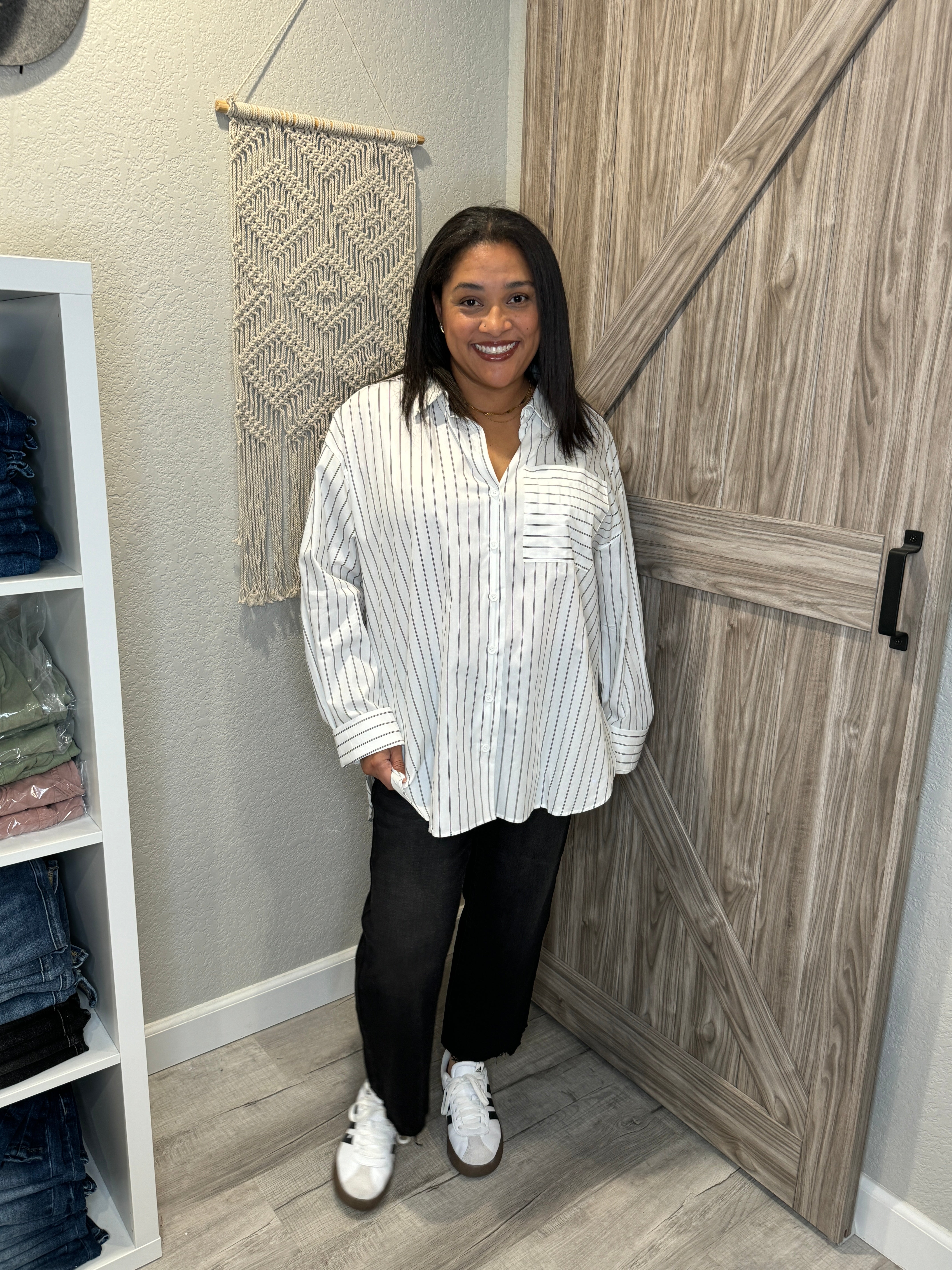 Boyfriend White & Black Striped Cotton Button Up Collared Shirt