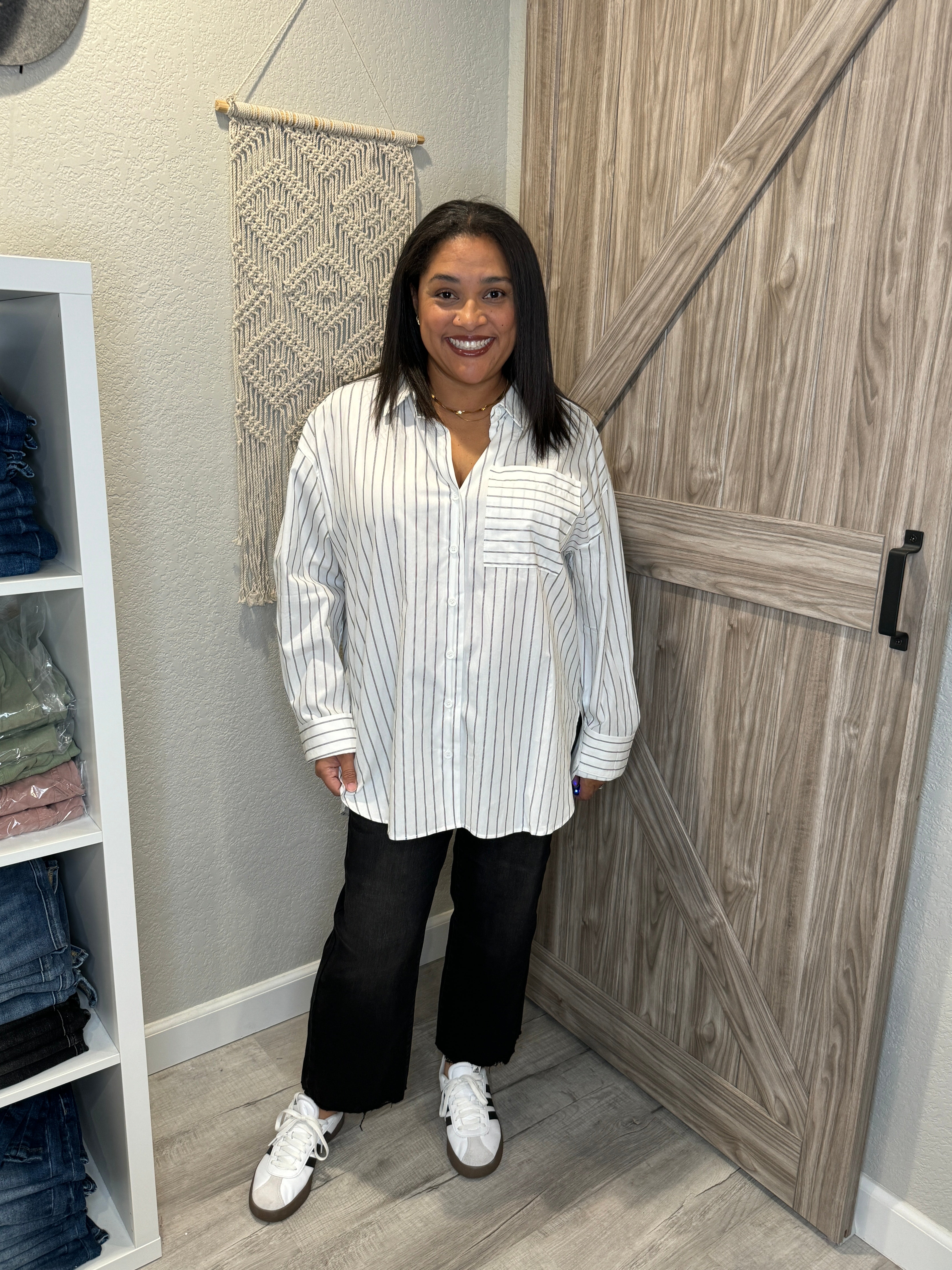 Boyfriend White & Black Striped Cotton Button Up Collared Shirt