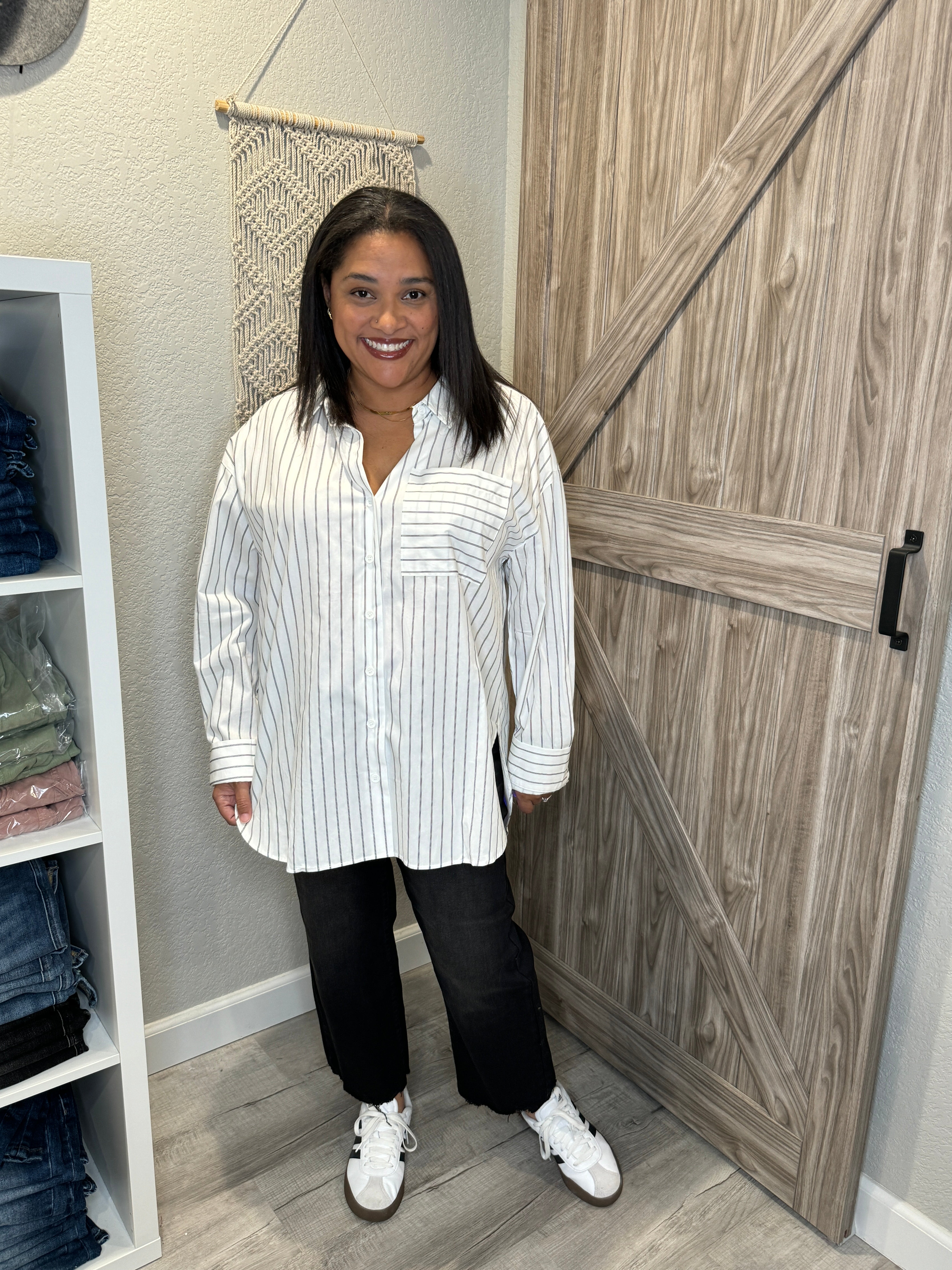 Boyfriend White & Black Striped Cotton Button Up Collared Shirt